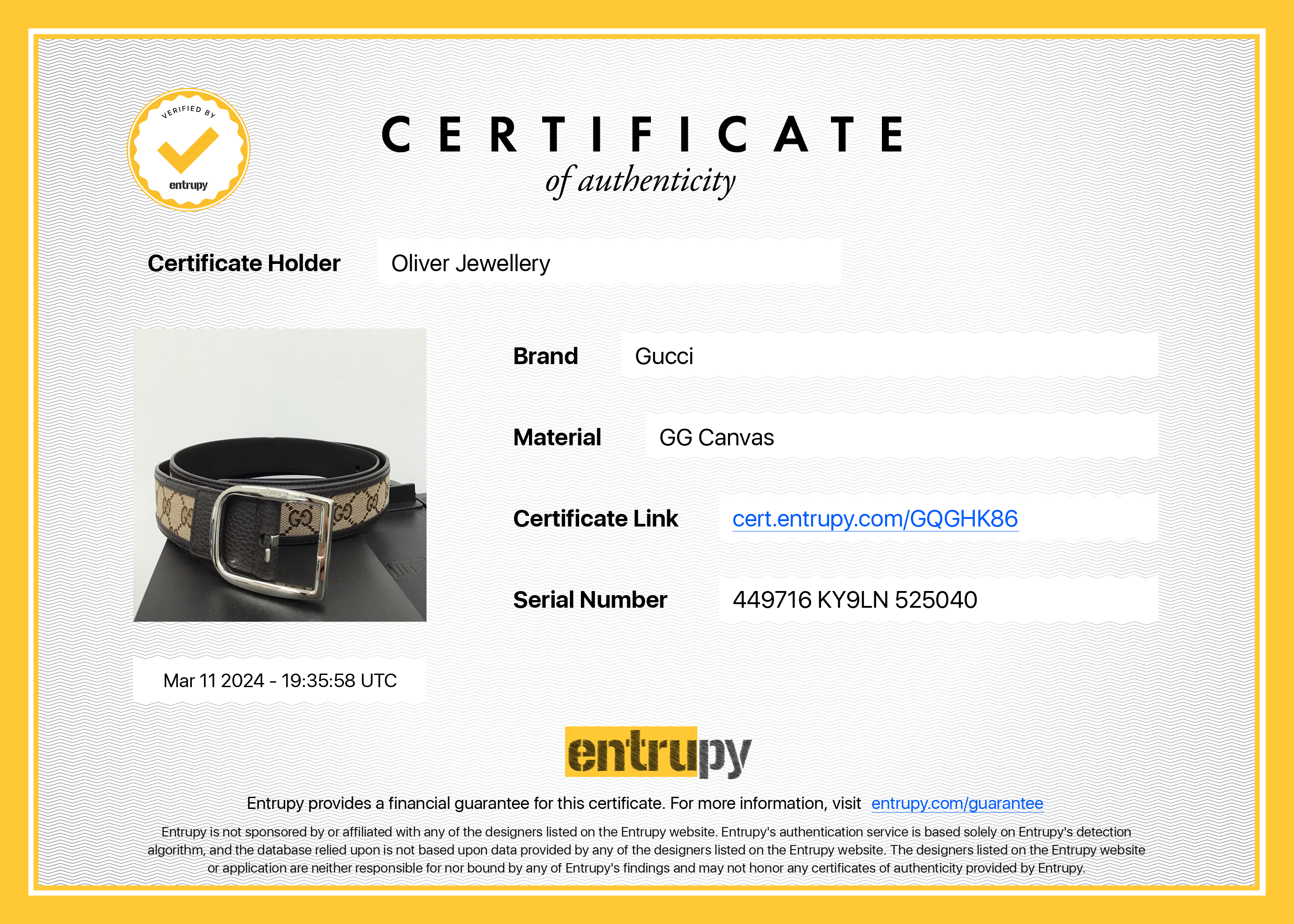 Gucci GG Canvas Brown Calfskin Leather Belt 105 42