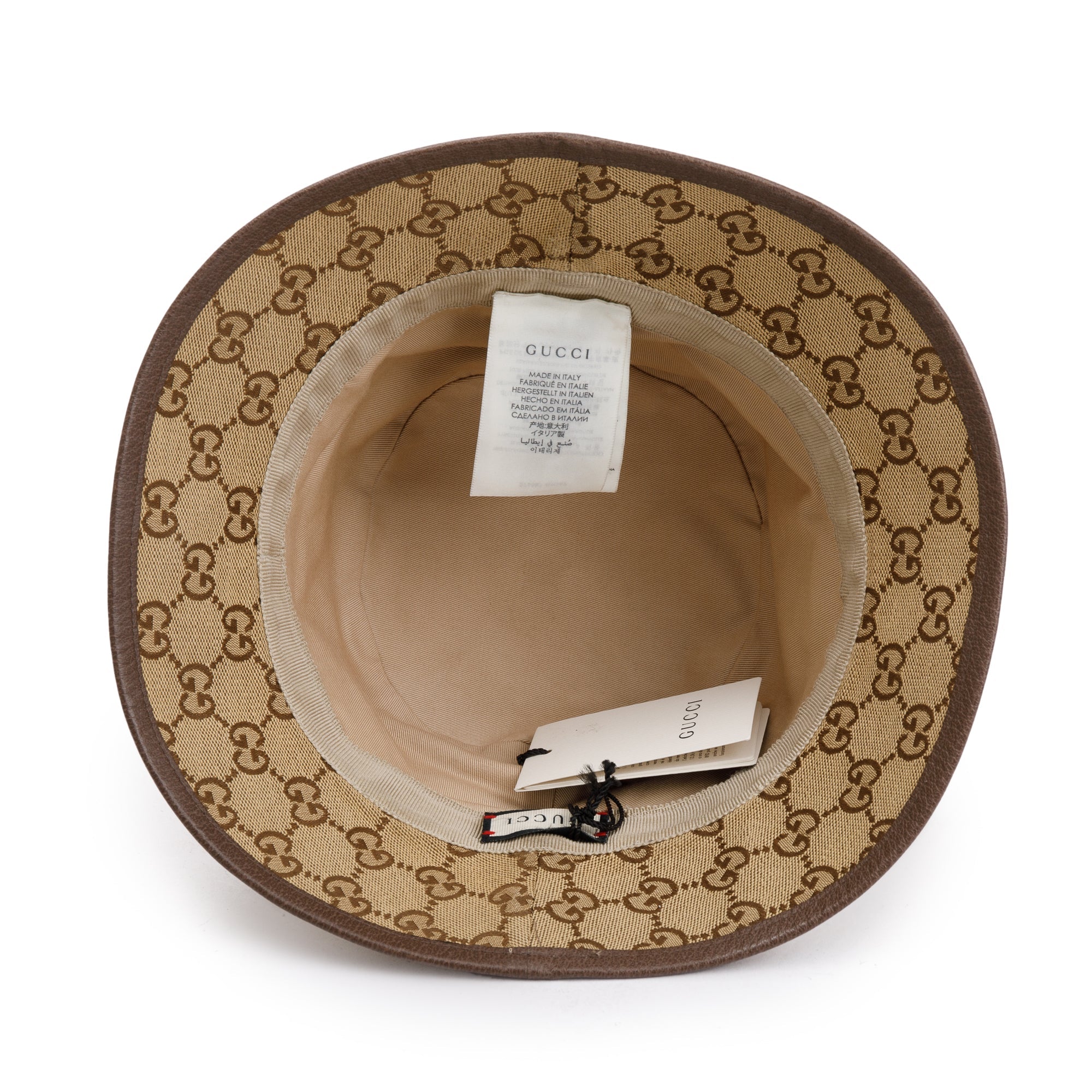 Gucci GG Canvas Brown Leather Bucket Hat with Web, Size M 58 w/ Box