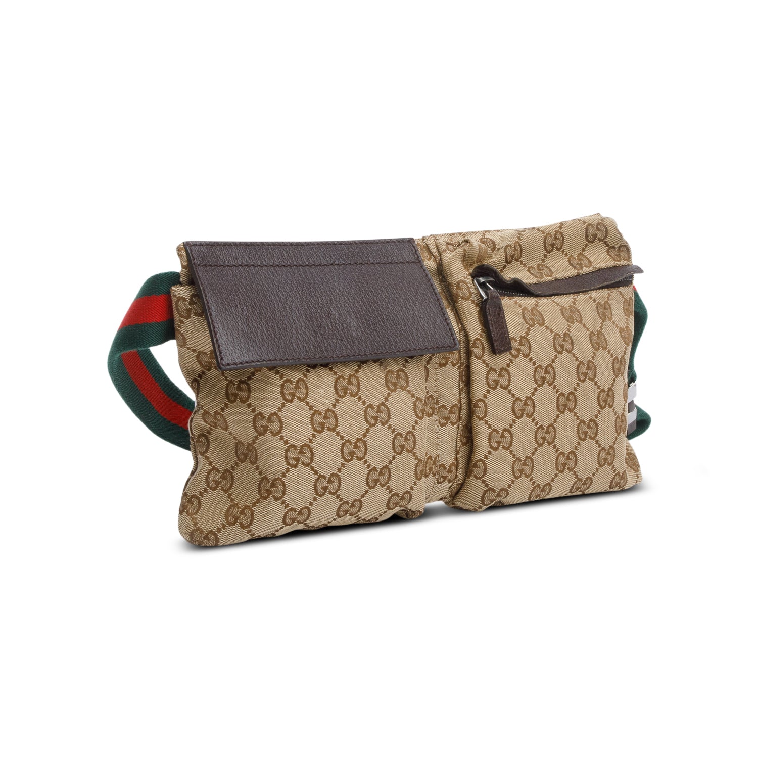 Gucci GG Canvas Brown Leather Trim Double Pocket Belt Bag