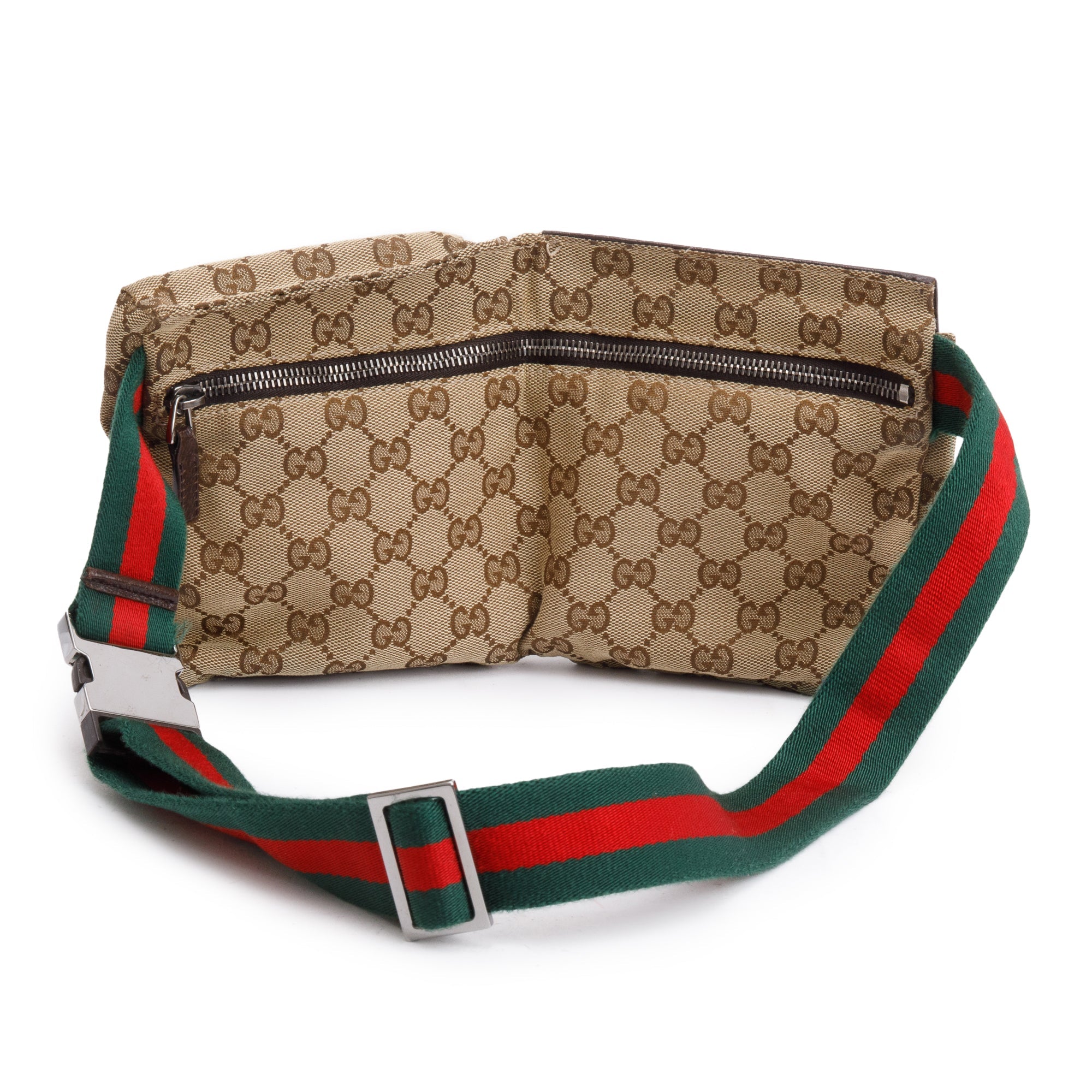 Gucci GG Canvas Brown Leather Trim Double Pocket Belt Bag