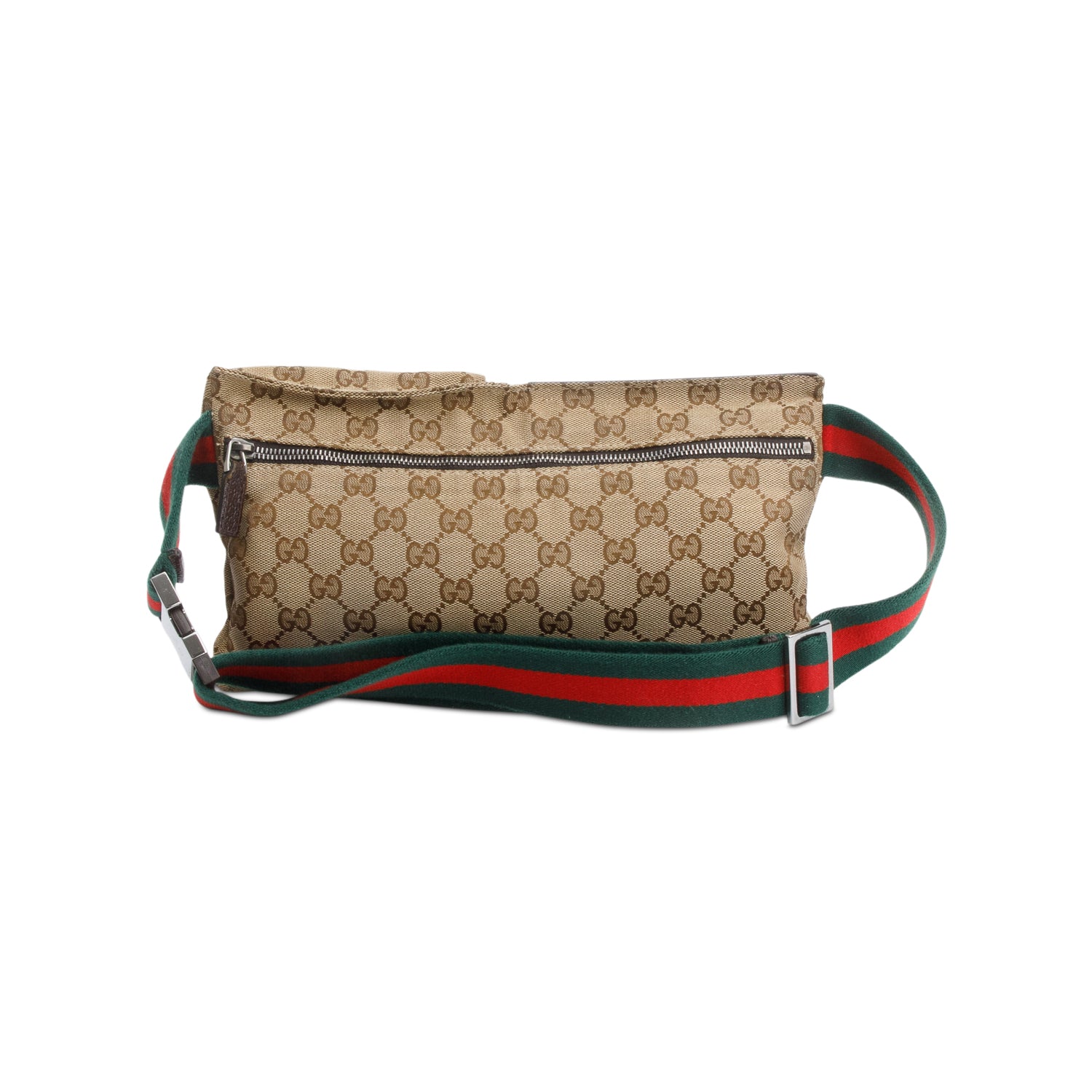 Gucci GG Canvas Brown Leather Trim Double Pocket Belt Bag