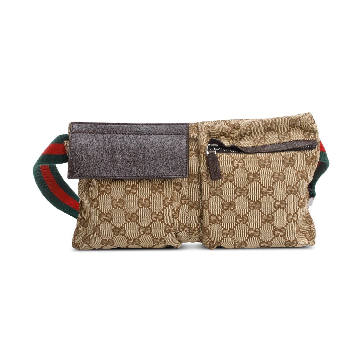 Gucci GG Canvas Brown Leather Trim Double Pocket Belt Bag