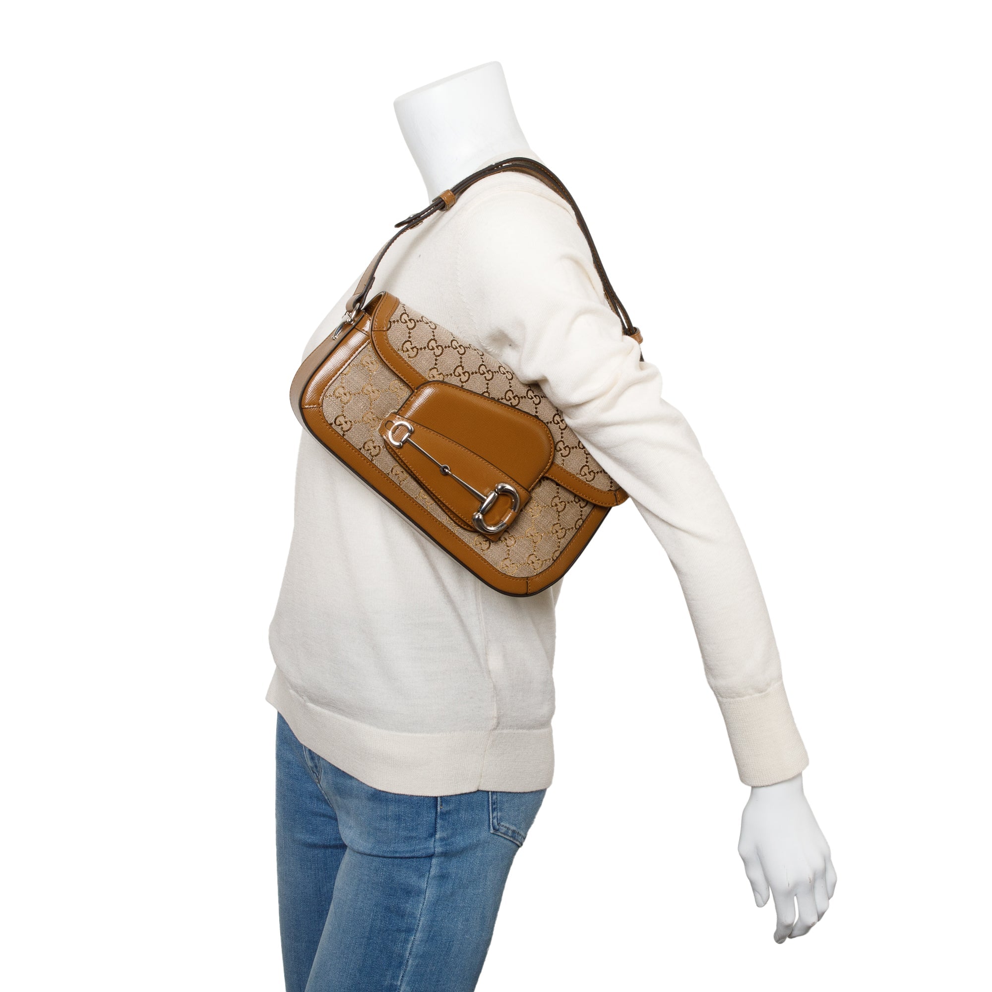 Gucci GG Canvas Brown Leather Trim Horsebit 1955 Small Shoulder Bag w/ Box