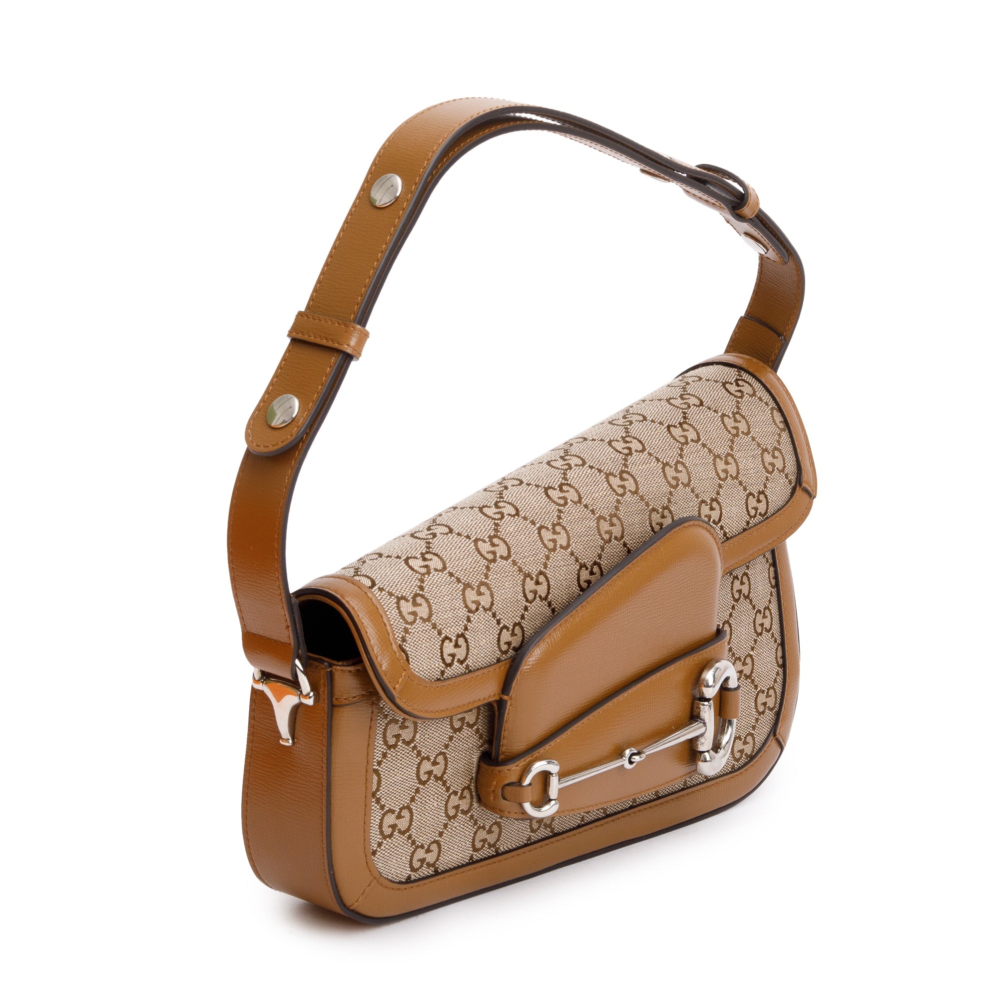 Gucci GG Canvas Brown Leather Trim Horsebit 1955 Small Shoulder Bag w/ Box