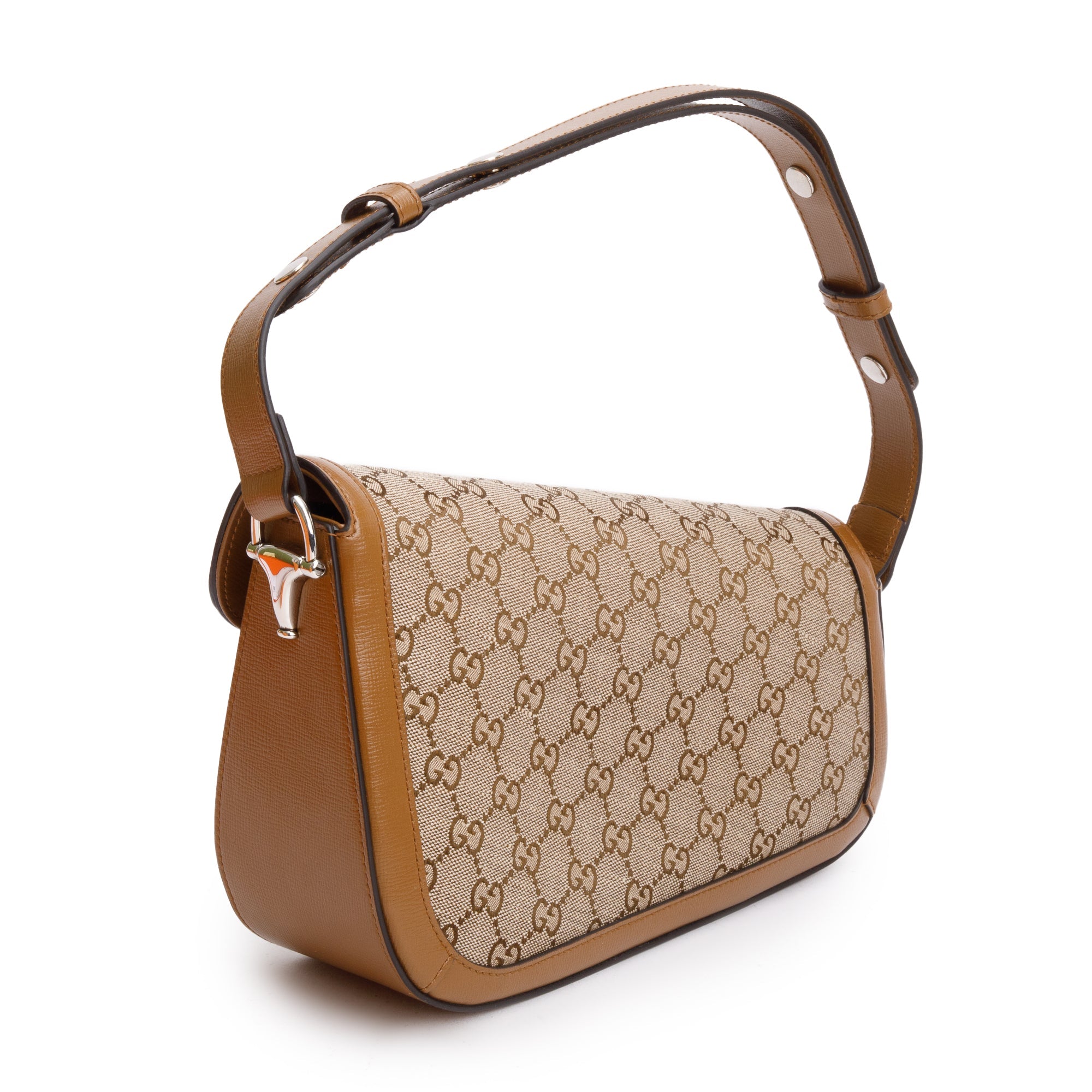 Gucci GG Canvas Brown Leather Trim Horsebit 1955 Small Shoulder Bag w/ Box