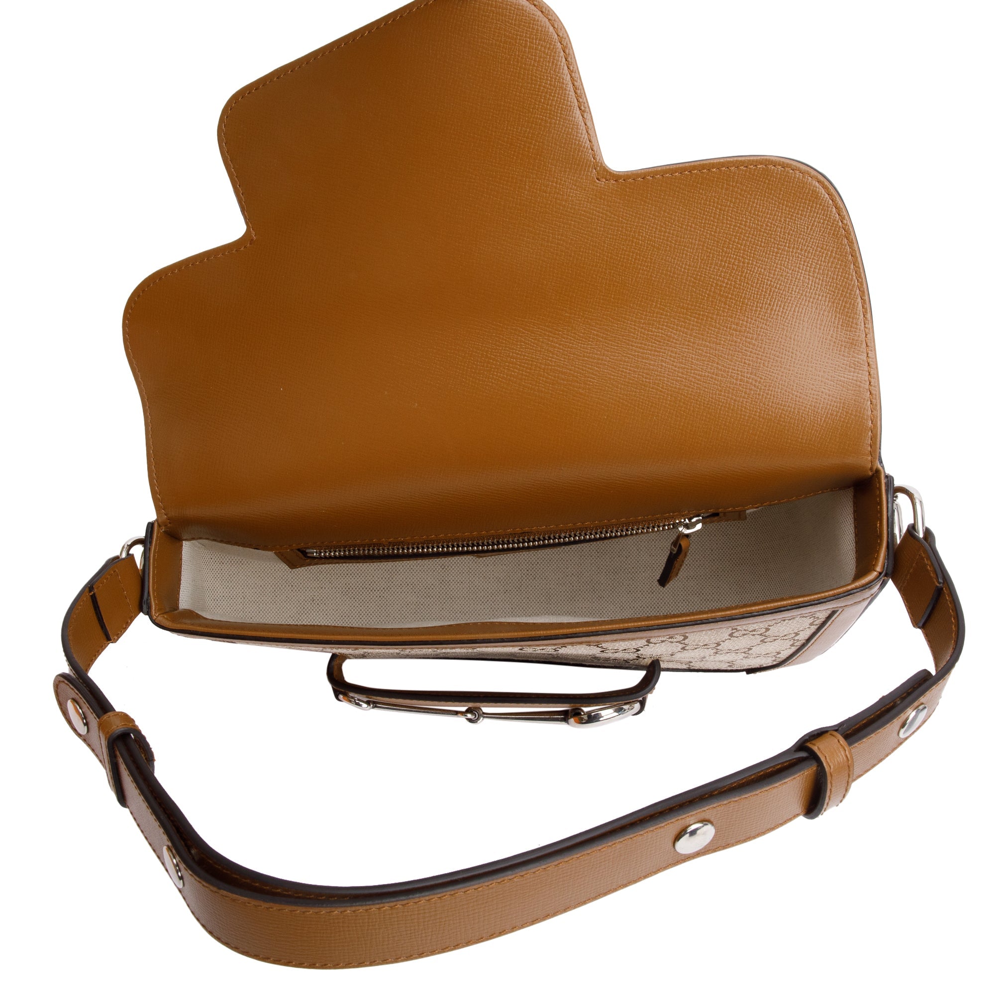 Gucci GG Canvas Brown Leather Trim Horsebit 1955 Small Shoulder Bag w/ Box