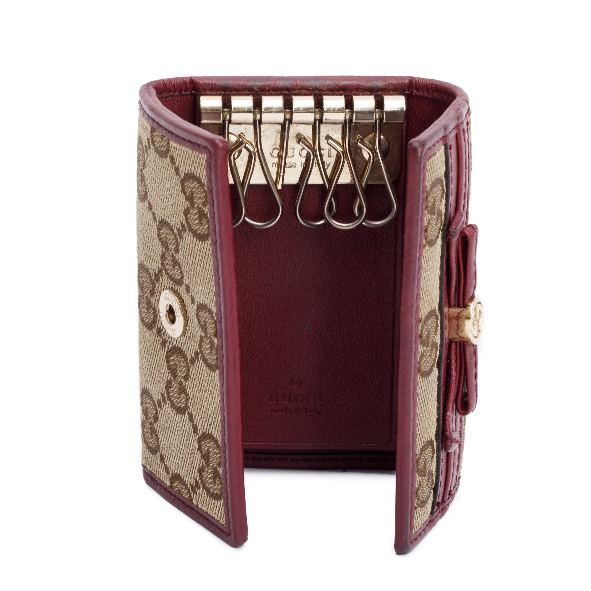 Gucci GG Canvas Burgundy Leather Princy Interlocking G Key Holder