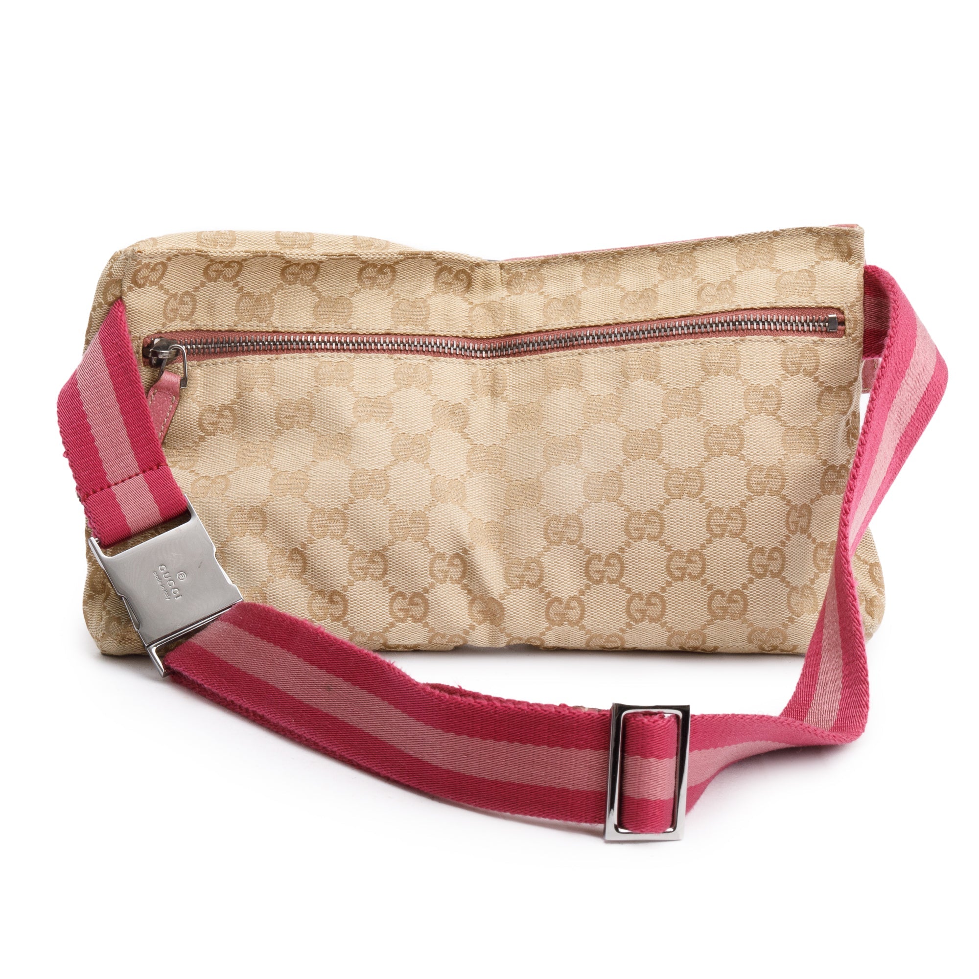 Gucci GG Canvas Pink Leather Trim Double Pocket Belt Bag