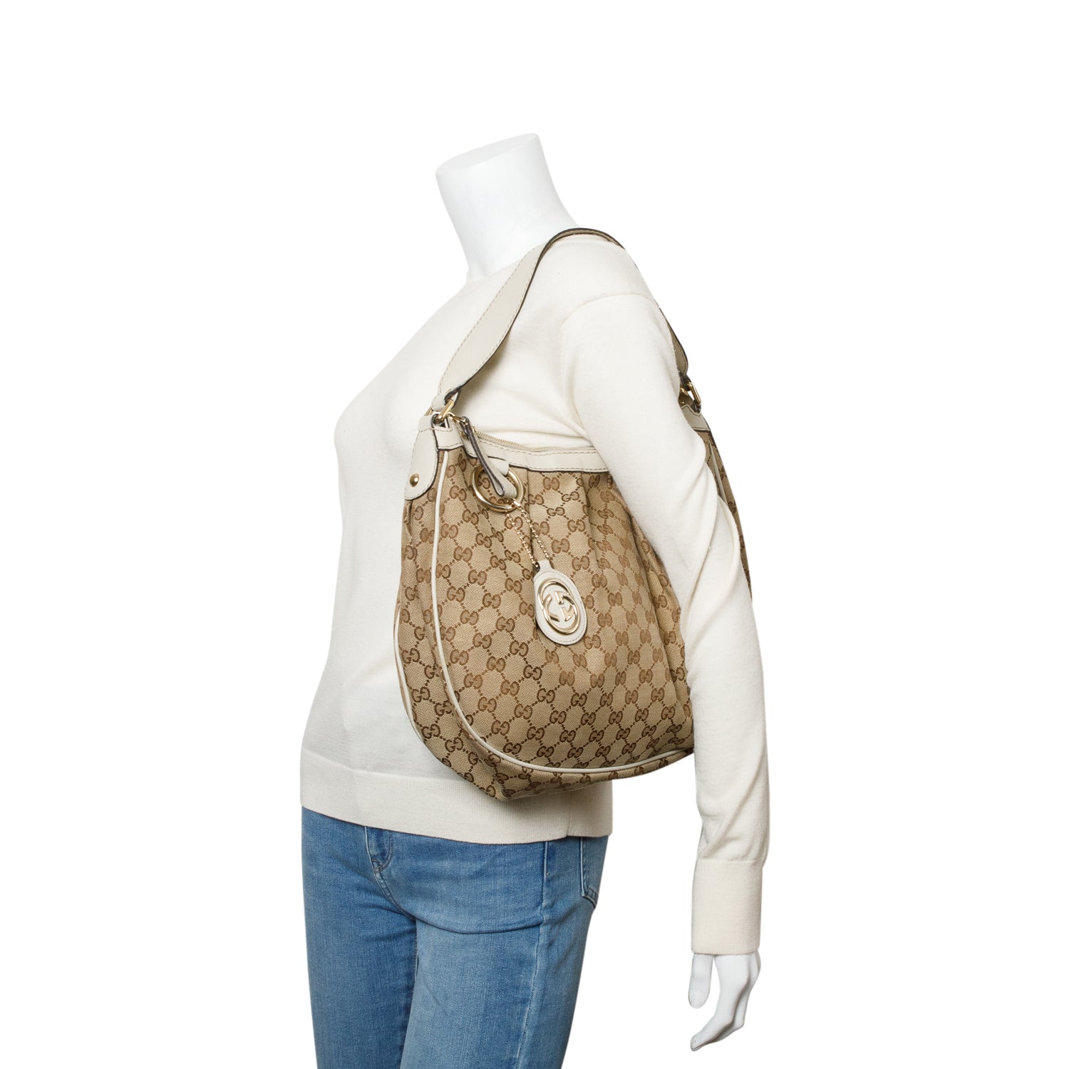 Gucci GG Canvas White Leather Trim Medium Sukey Hobo