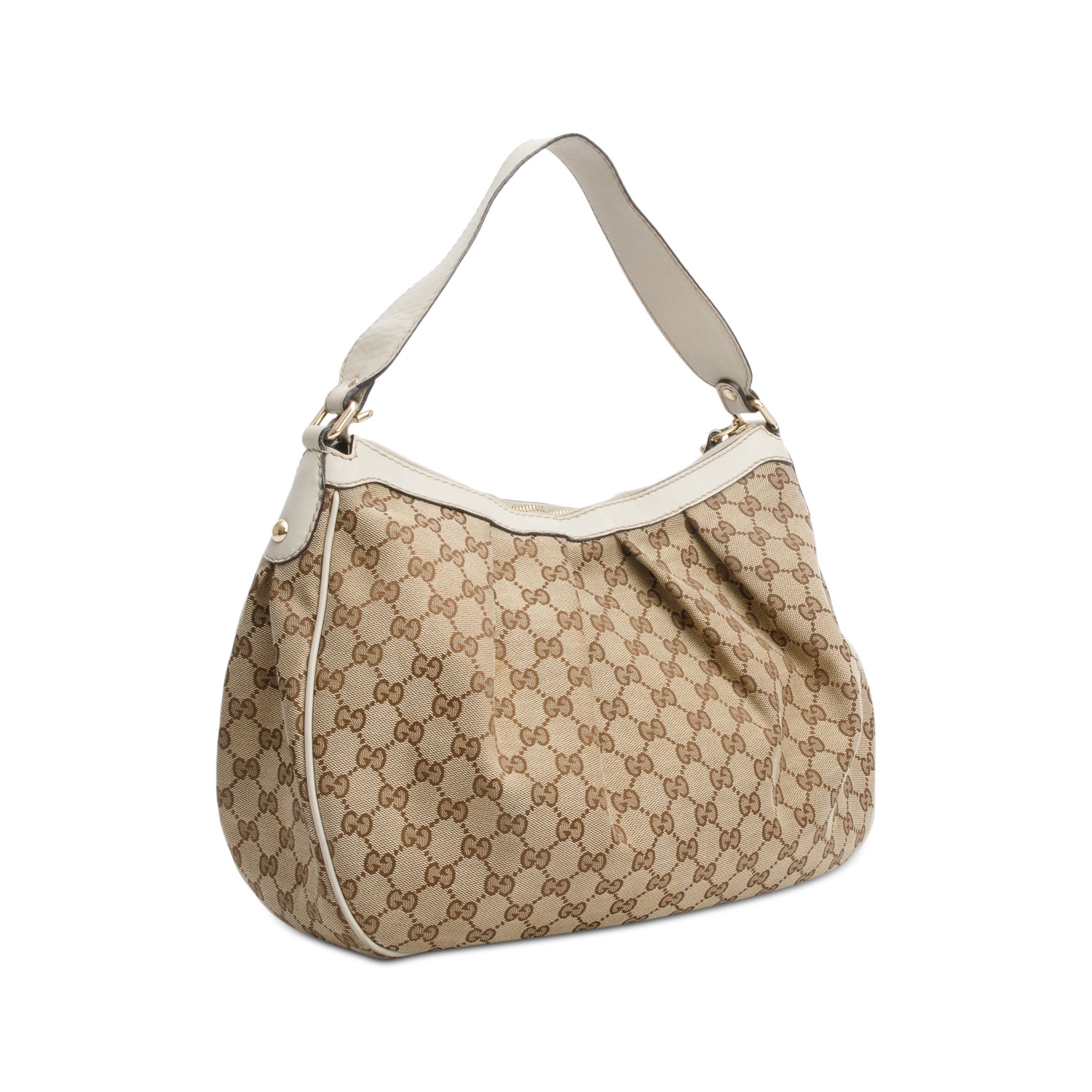 Gucci GG Canvas White Leather Trim Medium Sukey Hobo