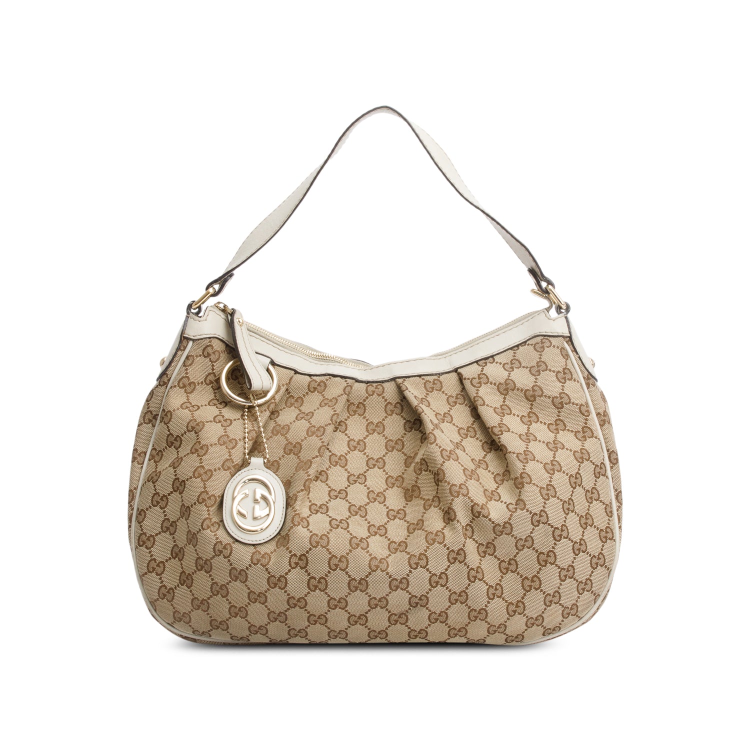 Gucci GG Canvas White Leather Trim Medium Sukey Hobo