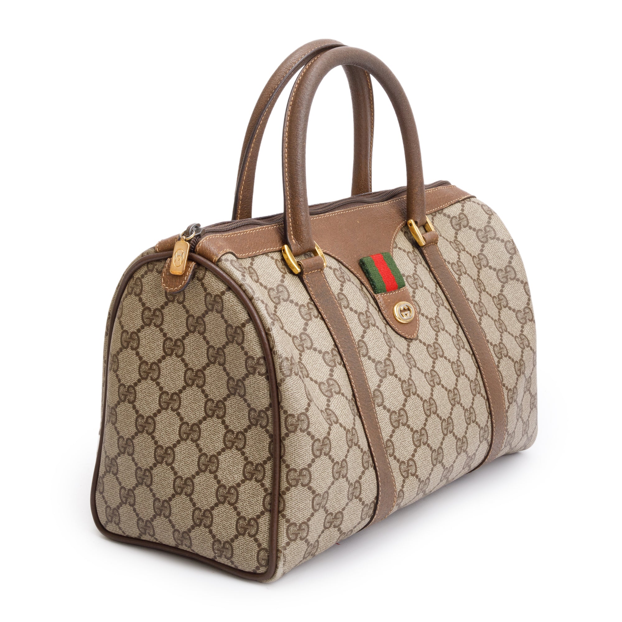 Gucci GG Plus Brown Leather Trim Web Boston Bag