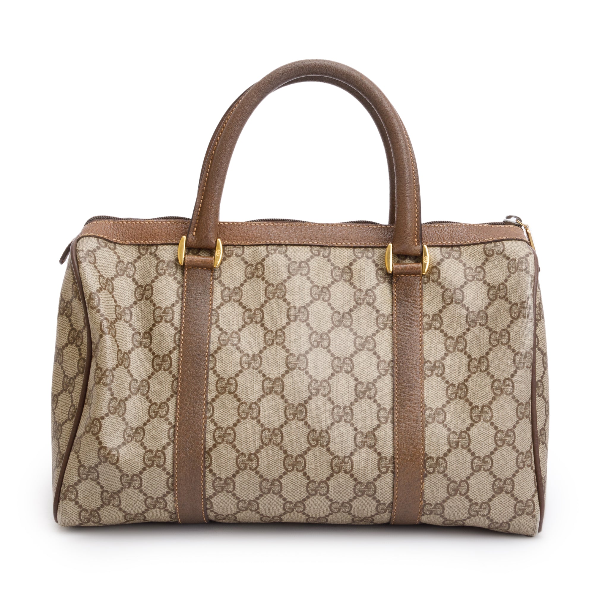 Gucci GG Plus Brown Leather Trim Web Boston Bag