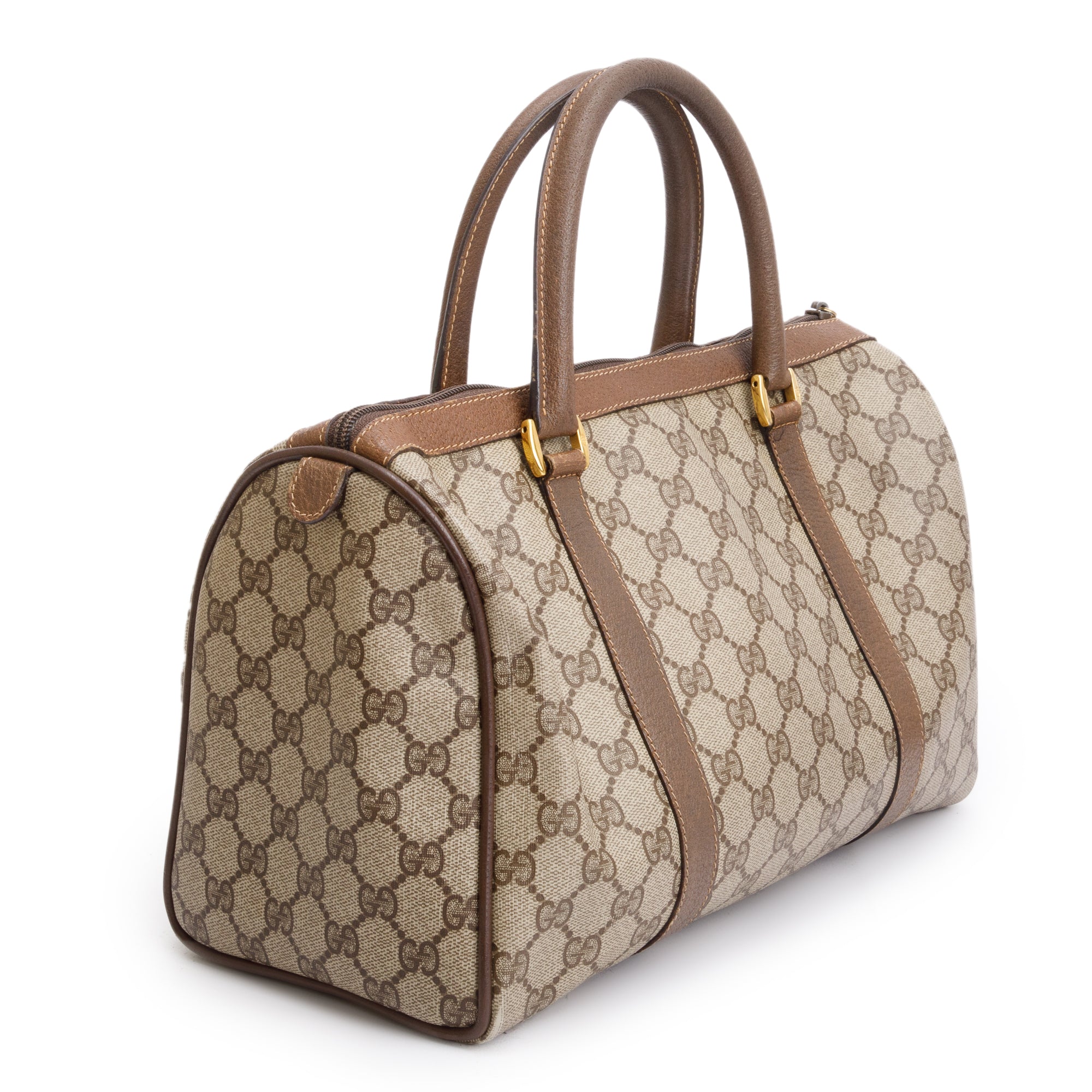 Gucci GG Plus Brown Leather Trim Web Boston Bag
