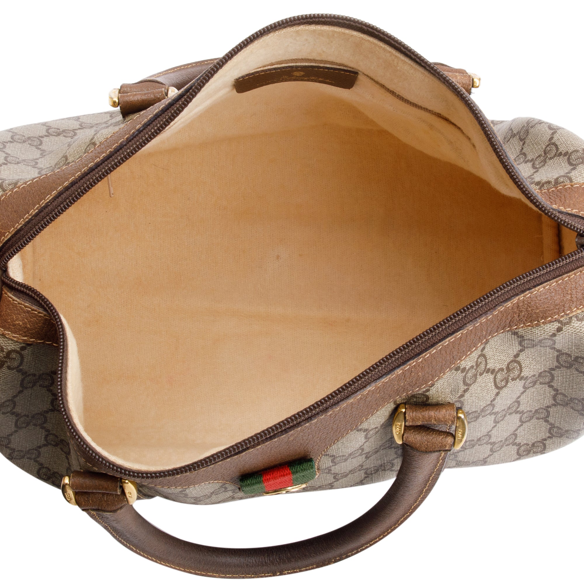 Gucci GG Plus Brown Leather Trim Web Boston Bag