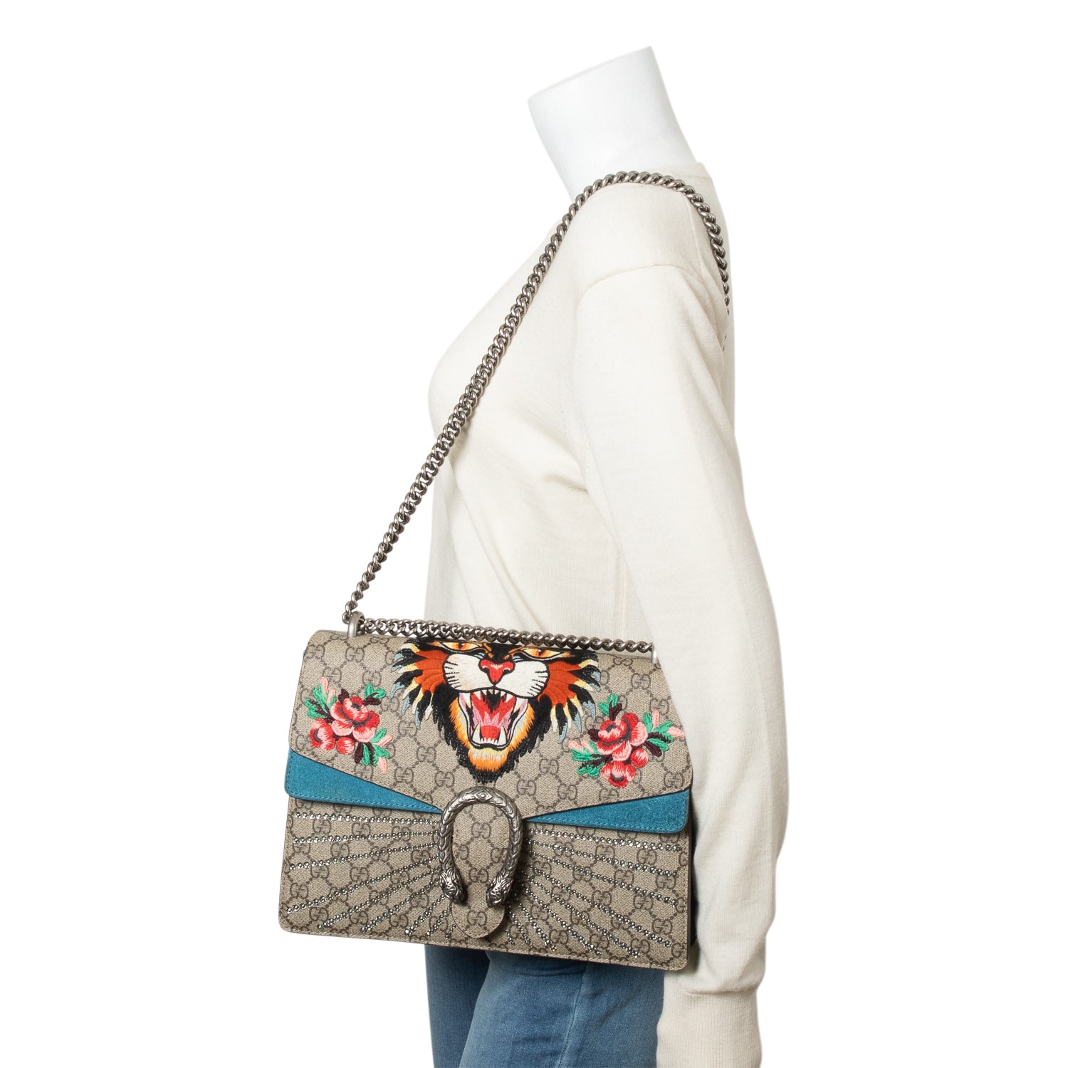 Gucci GG Supreme Angry Cat Embroidered Crystal Embellished Dionysus Medium Shoulder Bag