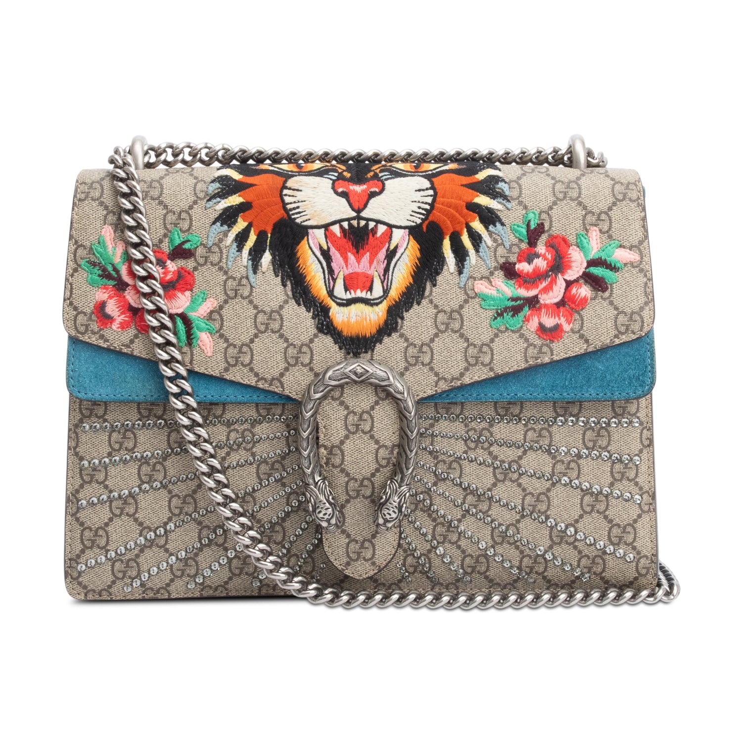 Gucci GG Supreme Angry Cat Embroidered Crystal Embellished Dionysus Medium Shoulder Bag