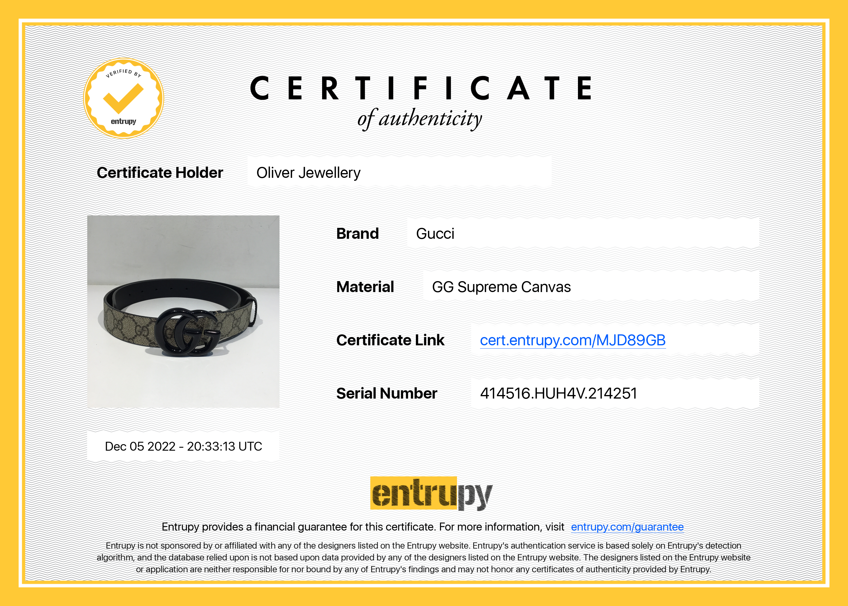 Gucci GG Supreme Belt with Double G Buckle w/ Box & Receipt