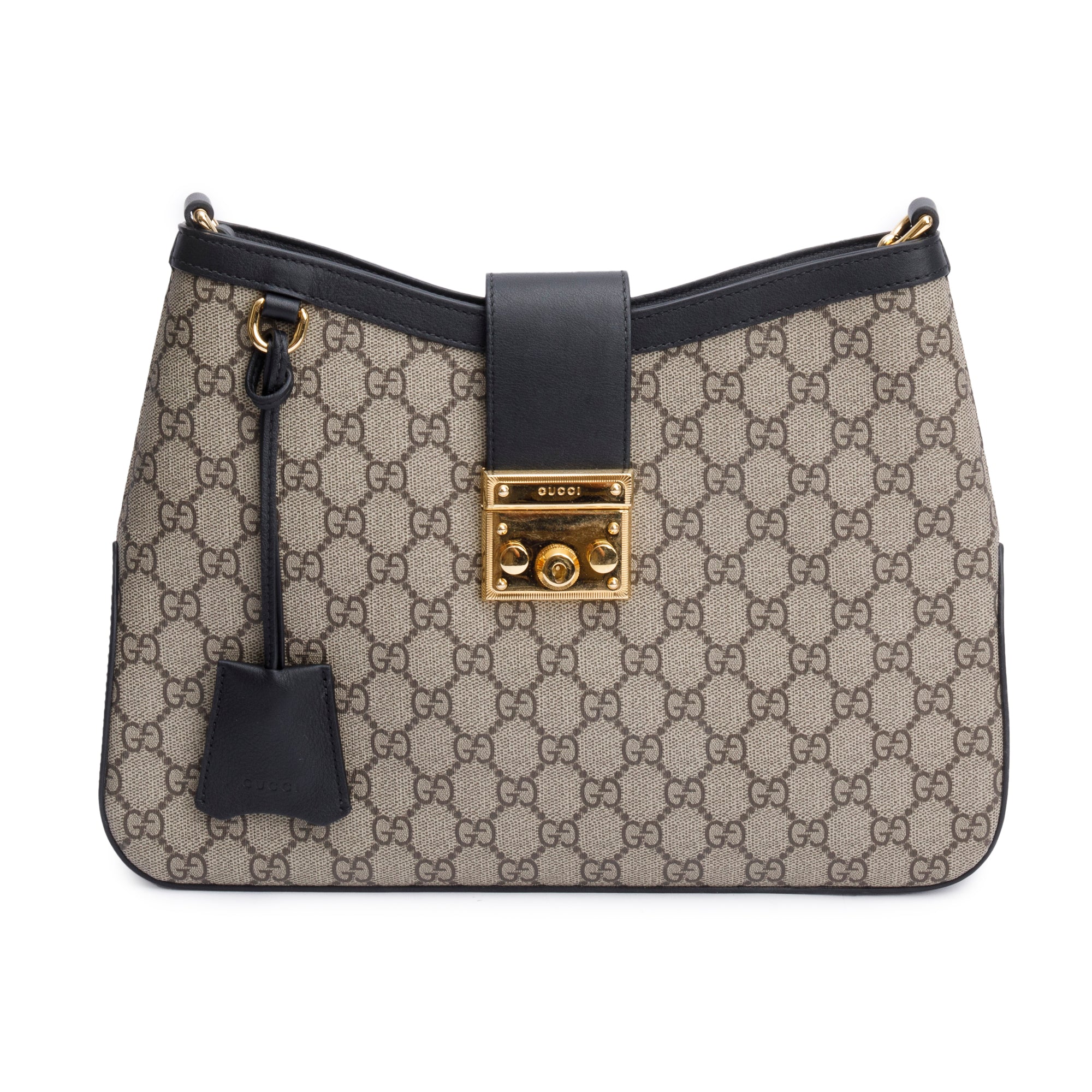 Gucci GG Supreme Black Leather Padlock GG Medium Shoulder Bag
