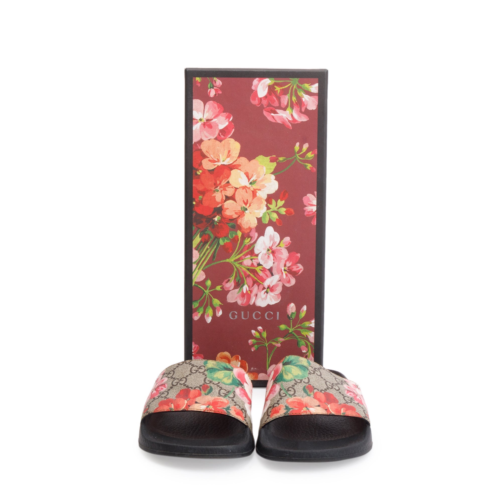 Gucci GG Supreme Blooms Canvas Black Rubber Slide Sandals, Size 37