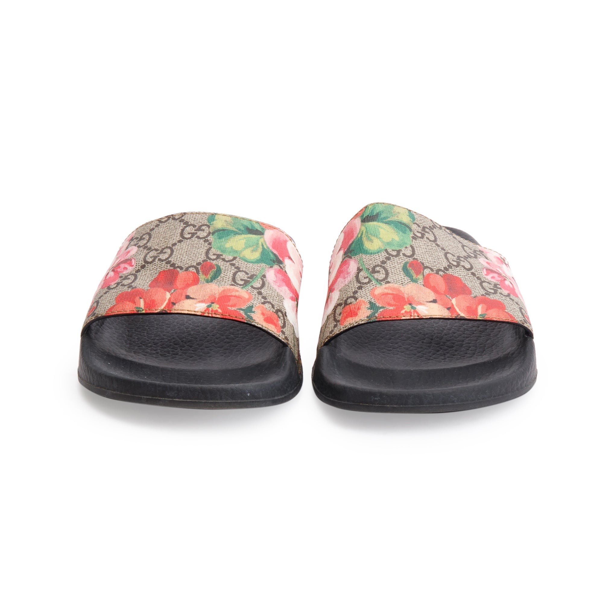 Gucci GG Supreme Blooms Canvas Black Rubber Slide Sandals, Size 37 w/ Box