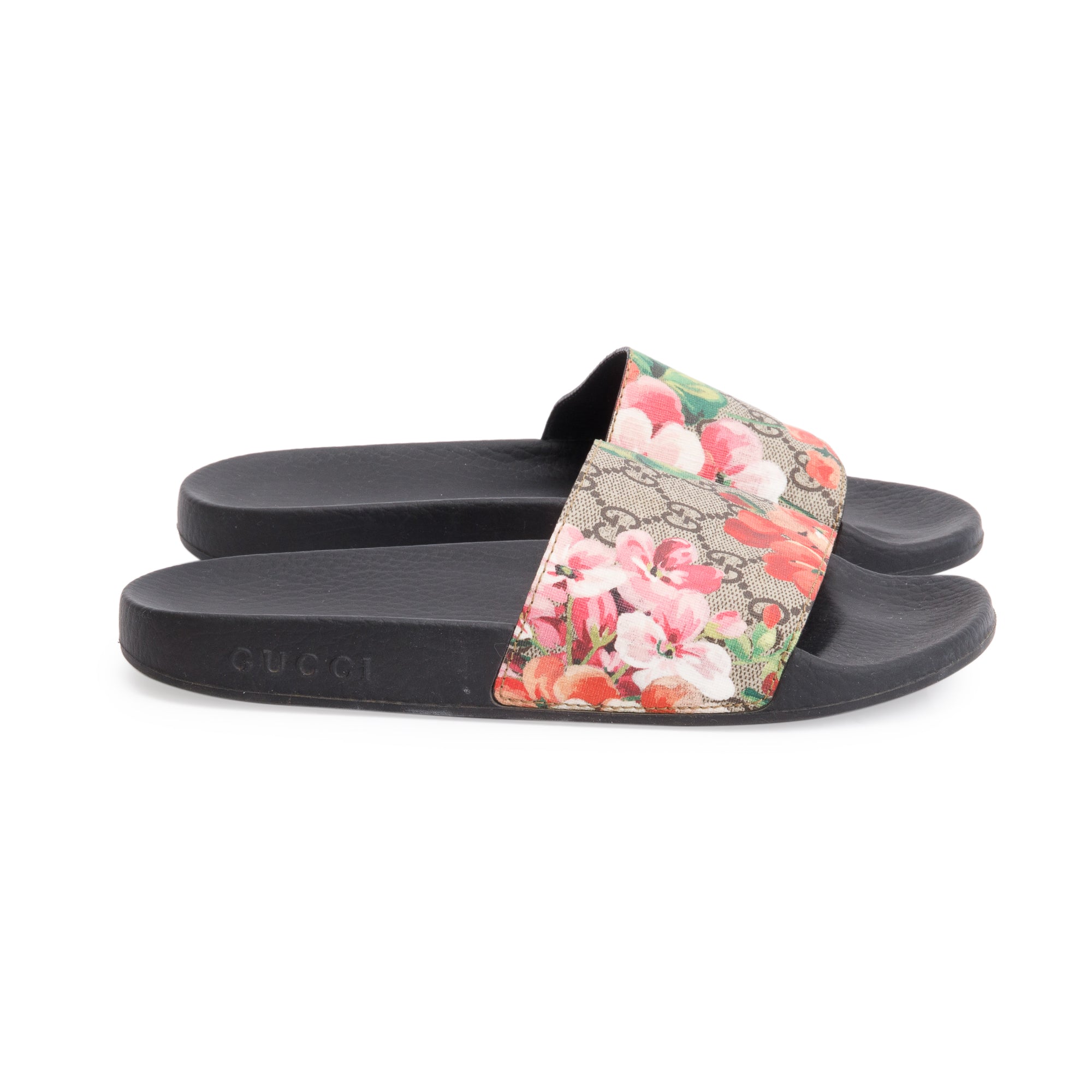 Gucci GG Supreme Blooms Canvas Black Rubber Slide Sandals, Size 37 w/ Box