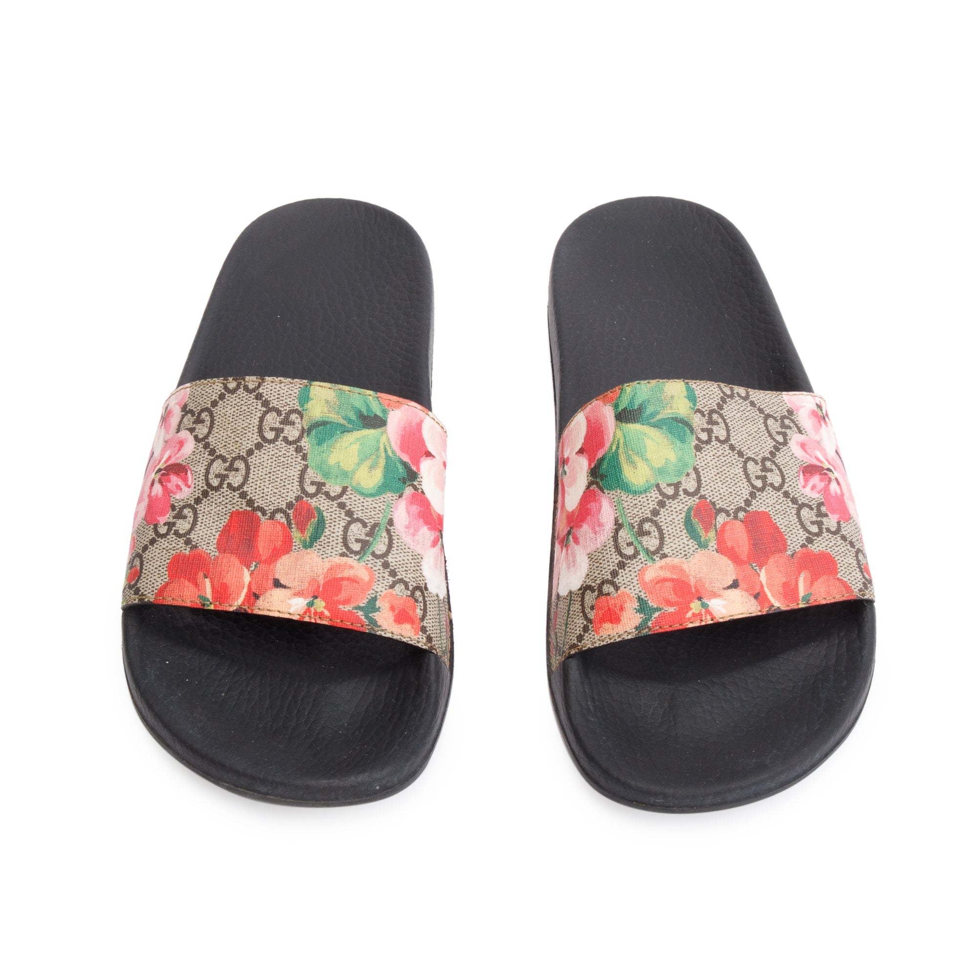 Gucci GG Supreme Blooms Canvas Black Rubber Slide Sandals, Size 37