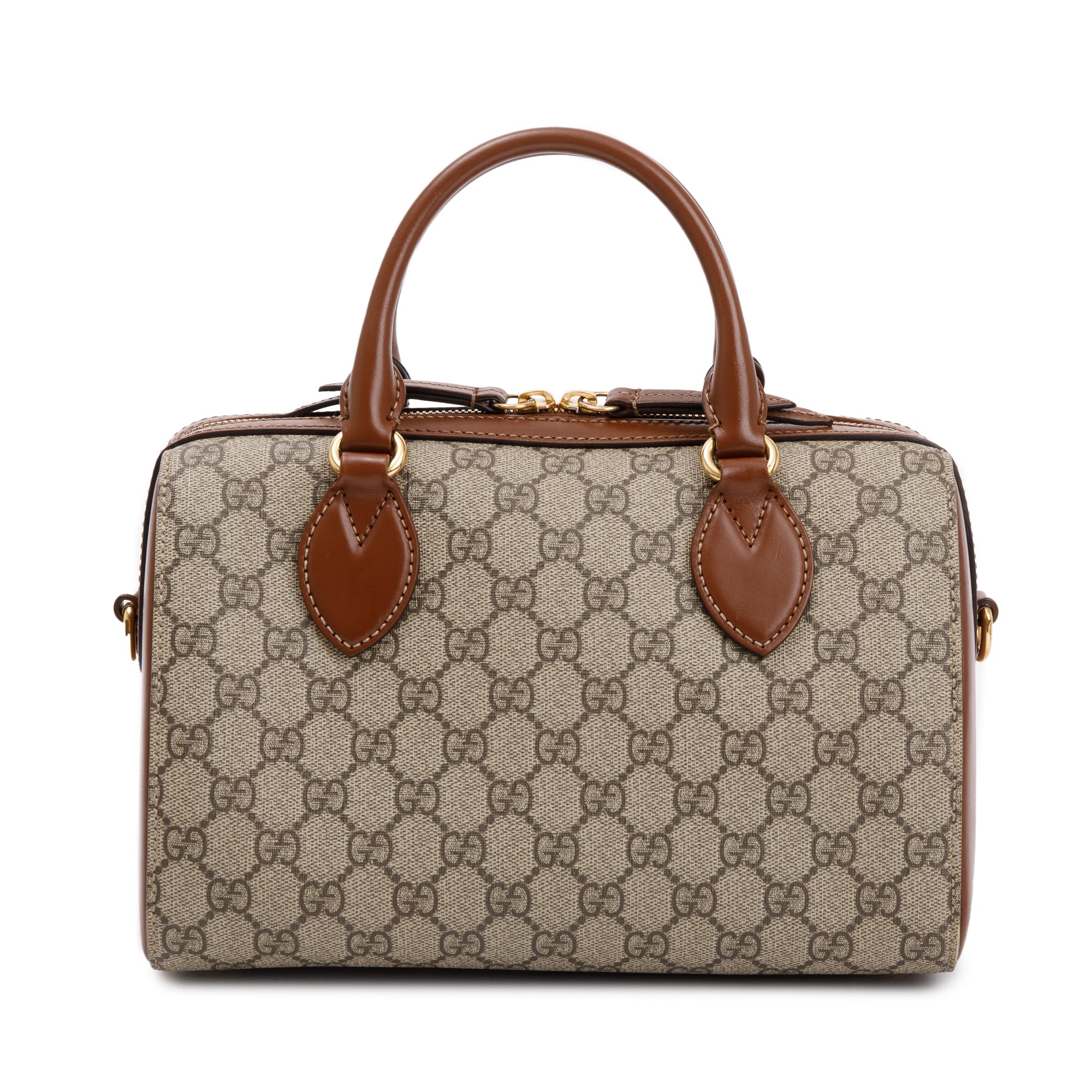 Gucci GG Supreme Brown Leather Small Boston Bag w/ Strap