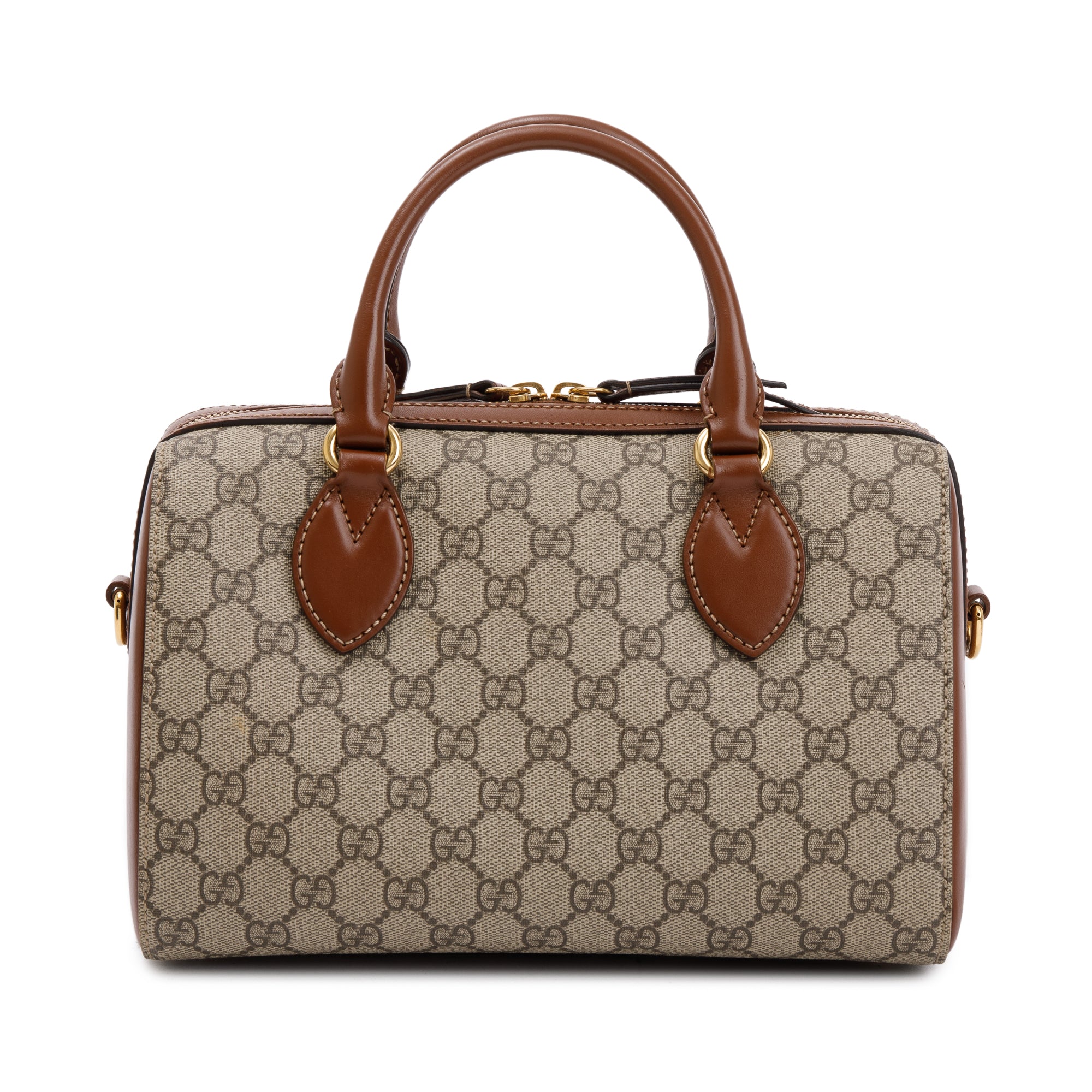 Gucci GG Supreme Brown Leather Small Boston Bag w/ Strap