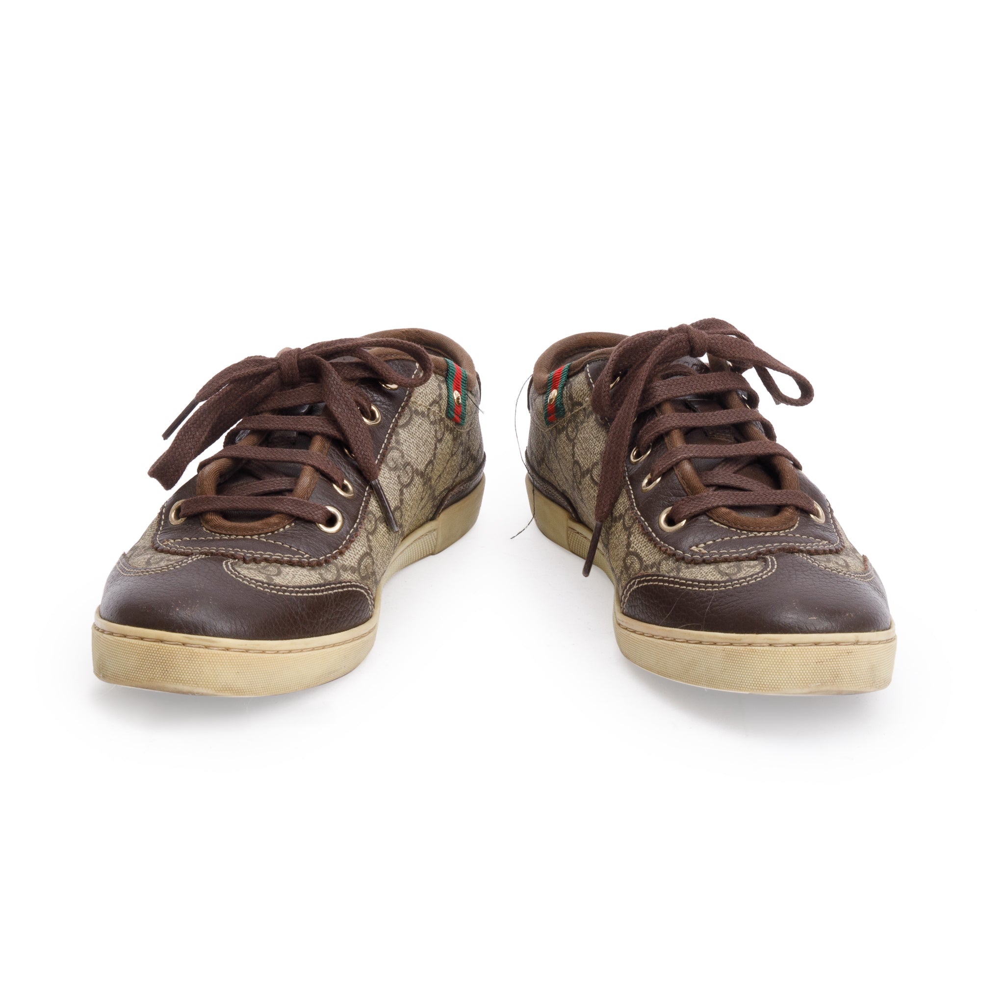 Gucci GG Supreme Brown Leather Trim Web Low Top Sneakers, Size 36