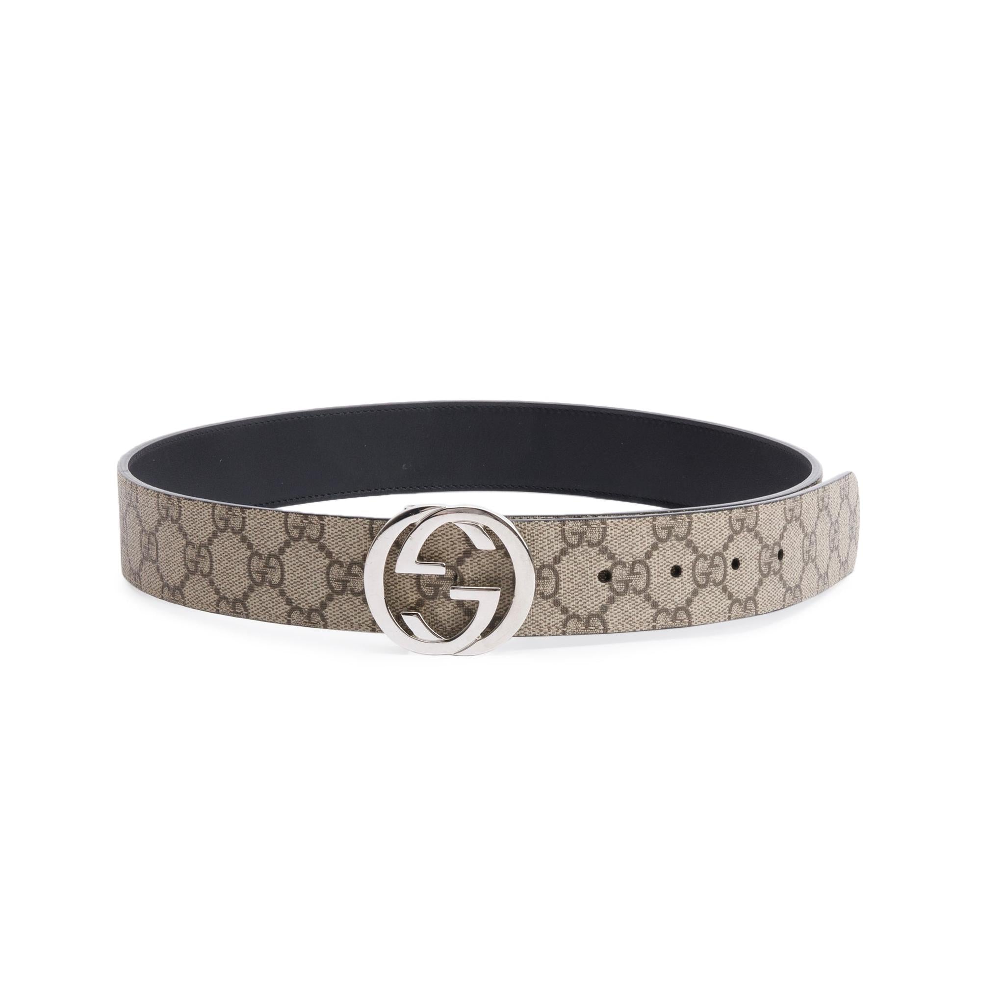 Gucci GG Supreme Canvas Black Calfskin Leather Interlocking Gt Reversible Belt 90 36