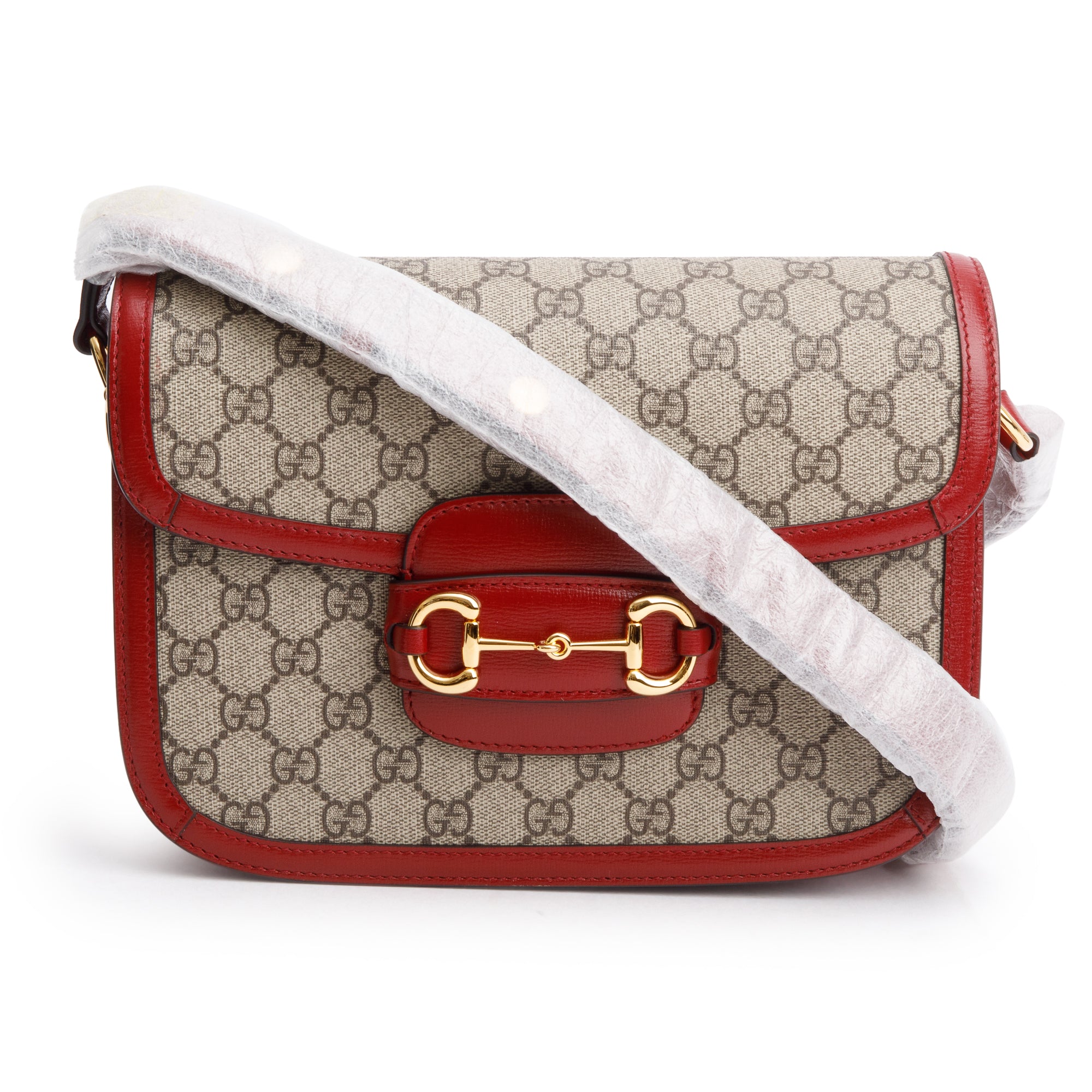 Gucci GG Supreme Canvas Red Leather Trim Horsebit 1955 Small Shoulder Bag