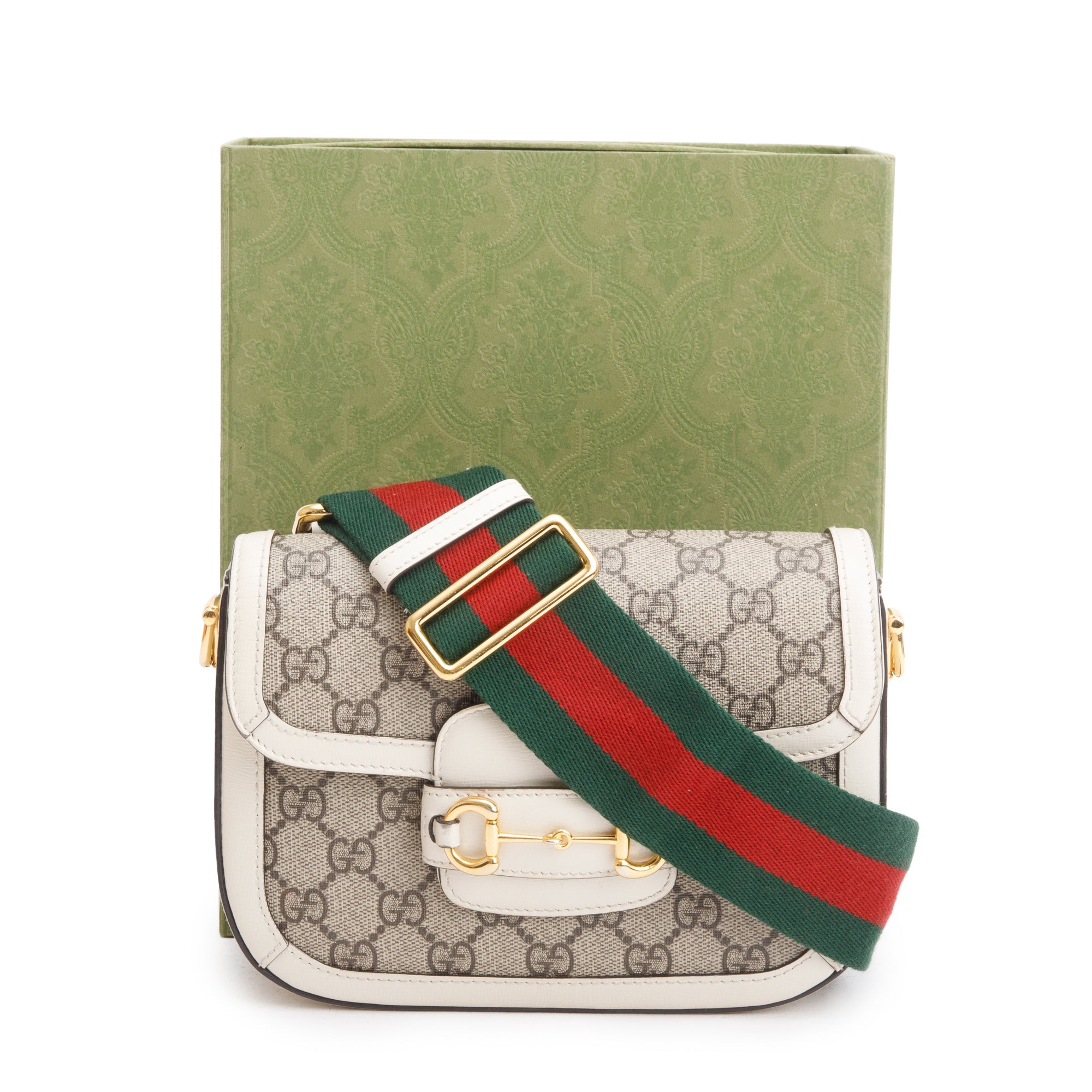 Gucci GG Supreme Canvas White Leather Trim Web Mini Horsebit 1955 Shoulder Bag w/ Box, Receipt & Straps