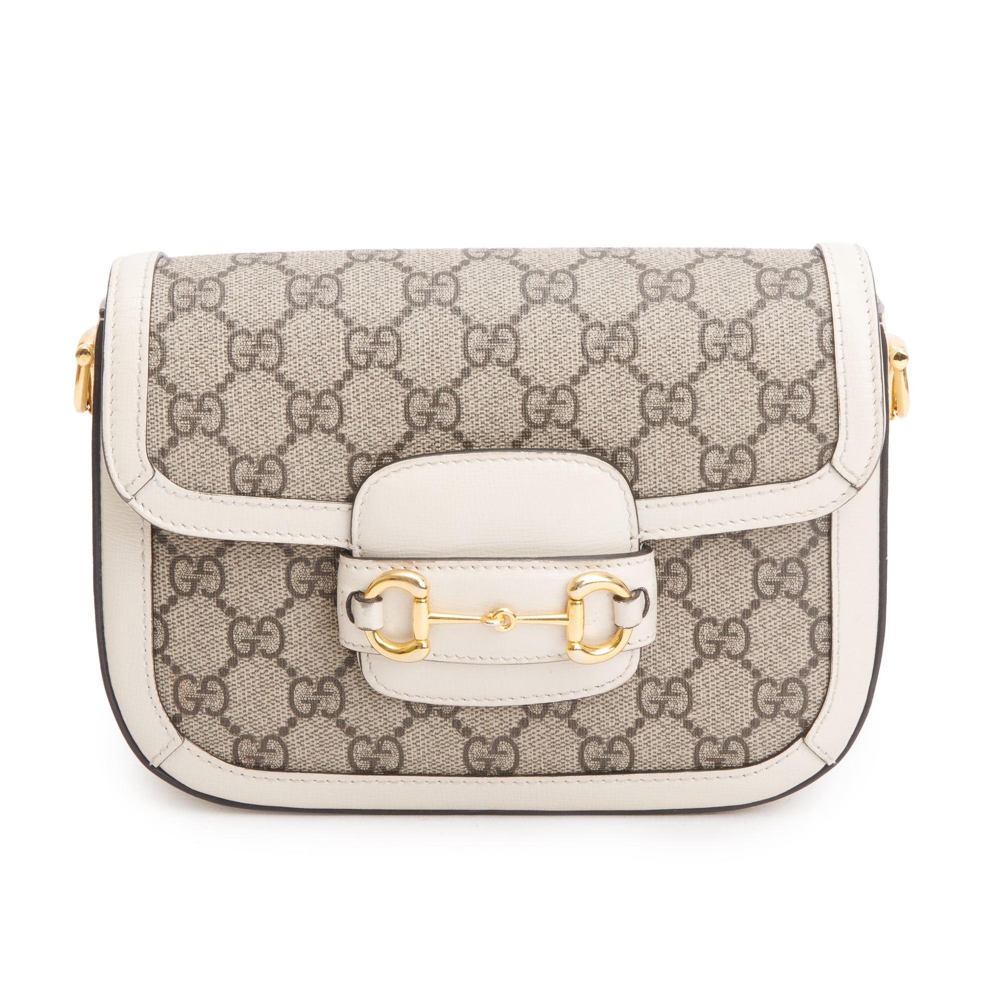 Gucci GG Supreme Canvas White Leather Trim Web Mini Horsebit 1955 Shoulder Bag w/ Box, Receipt & Straps