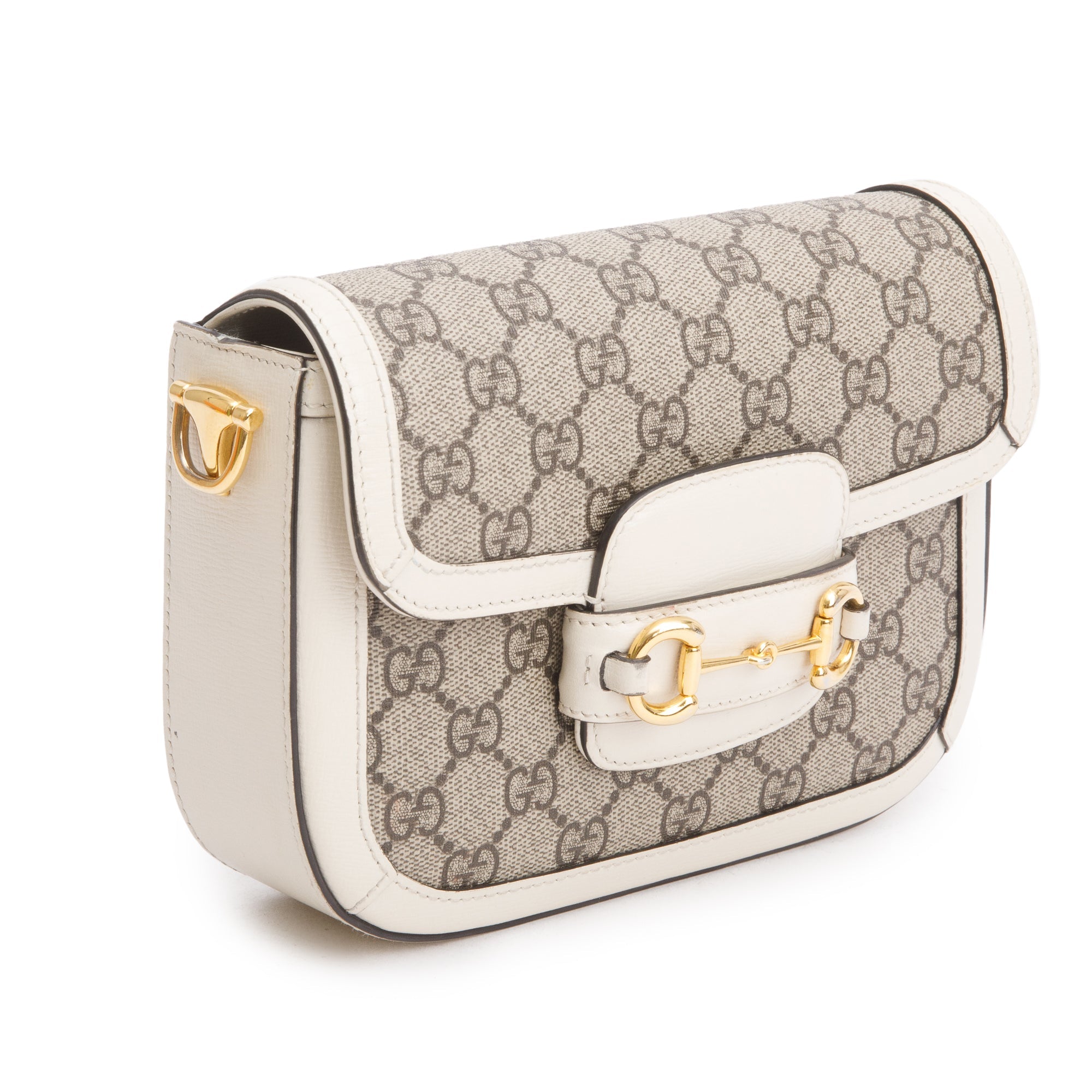Gucci GG Supreme Canvas White Leather Trim Web Mini Horsebit 1955 Shoulder Bag w/ Box, Receipt & Straps