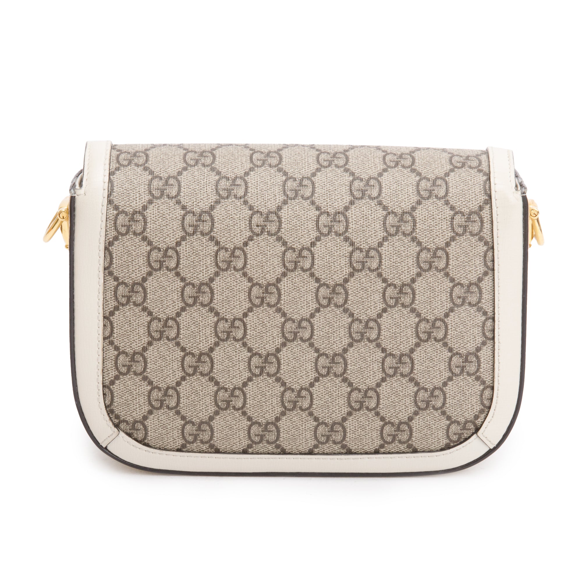 Gucci GG Supreme Canvas White Leather Trim Web Mini Horsebit 1955 Shoulder Bag w/ Box, Receipt & Straps