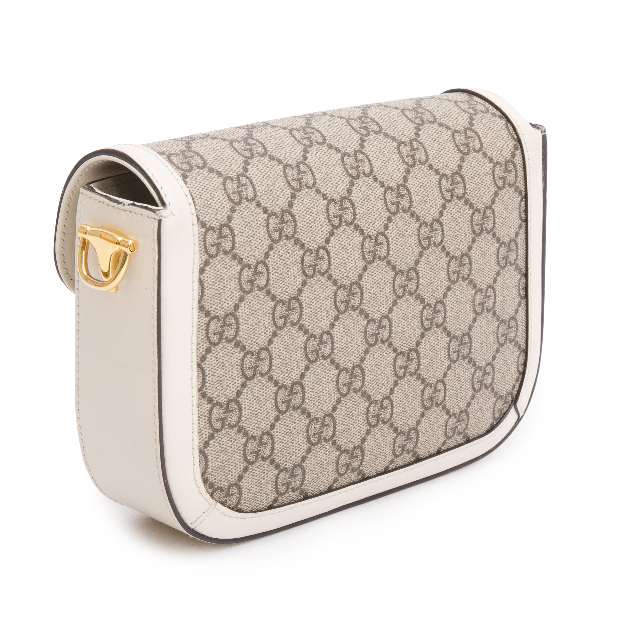 Gucci GG Supreme Canvas White Leather Trim Web Mini Horsebit 1955 Shoulder Bag w/ Box, Receipt & Straps