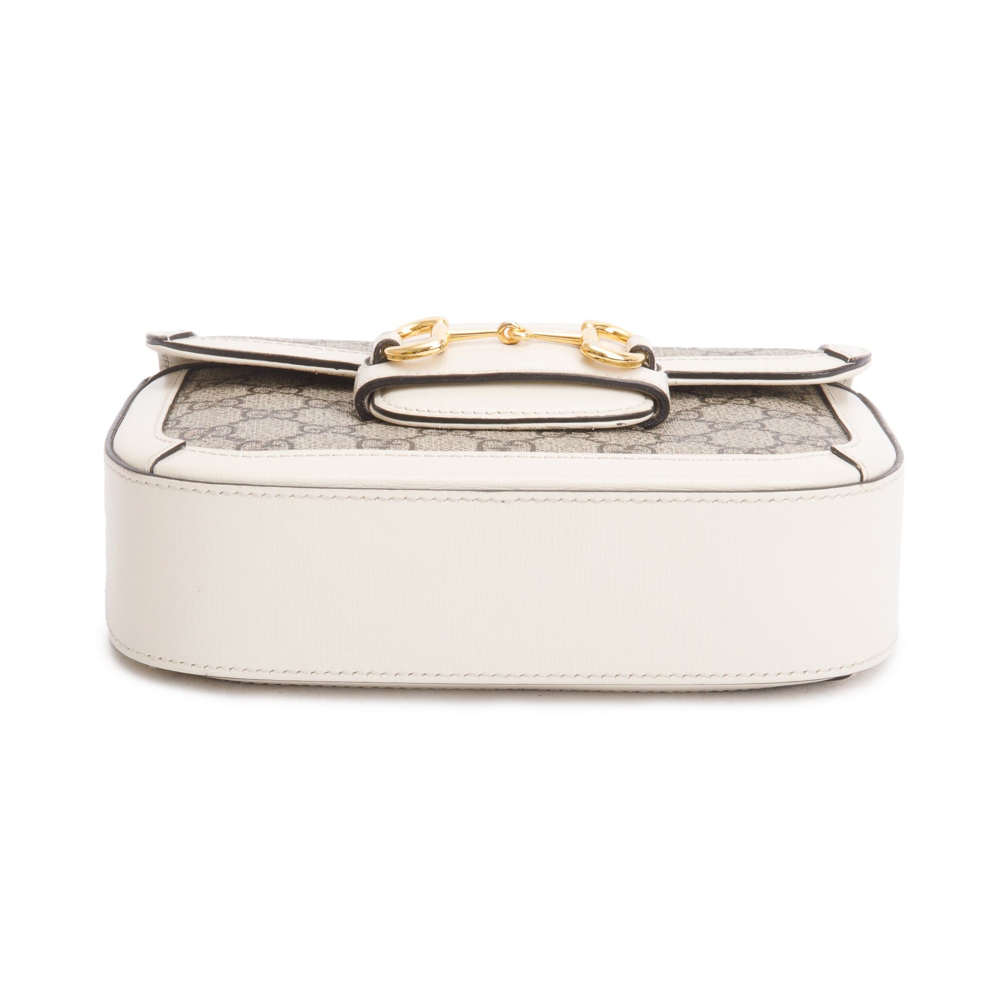 Gucci GG Supreme Canvas White Leather Trim Web Mini Horsebit 1955 Shoulder Bag w/ Box, Receipt & Straps