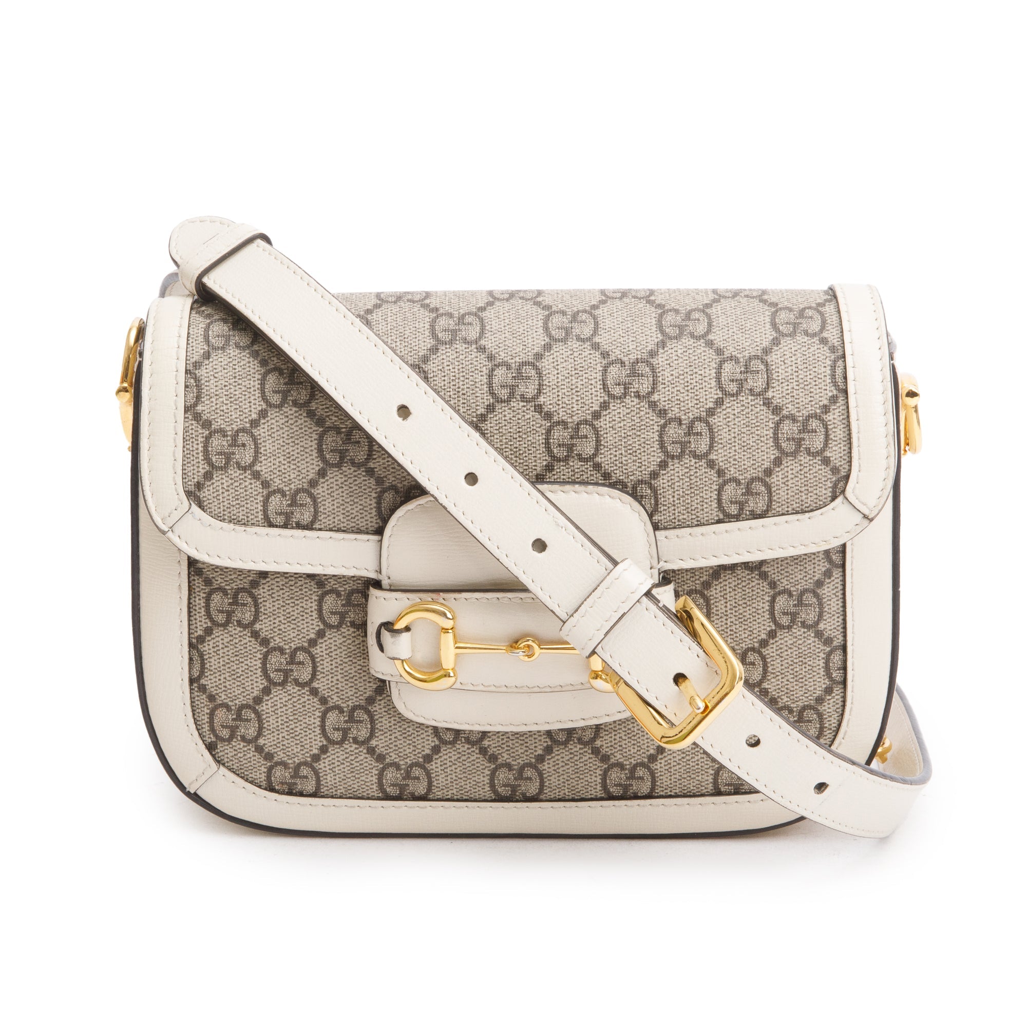 Gucci GG Supreme Canvas White Leather Trim Web Mini Horsebit 1955 Shoulder Bag w/ Box, Receipt & Straps