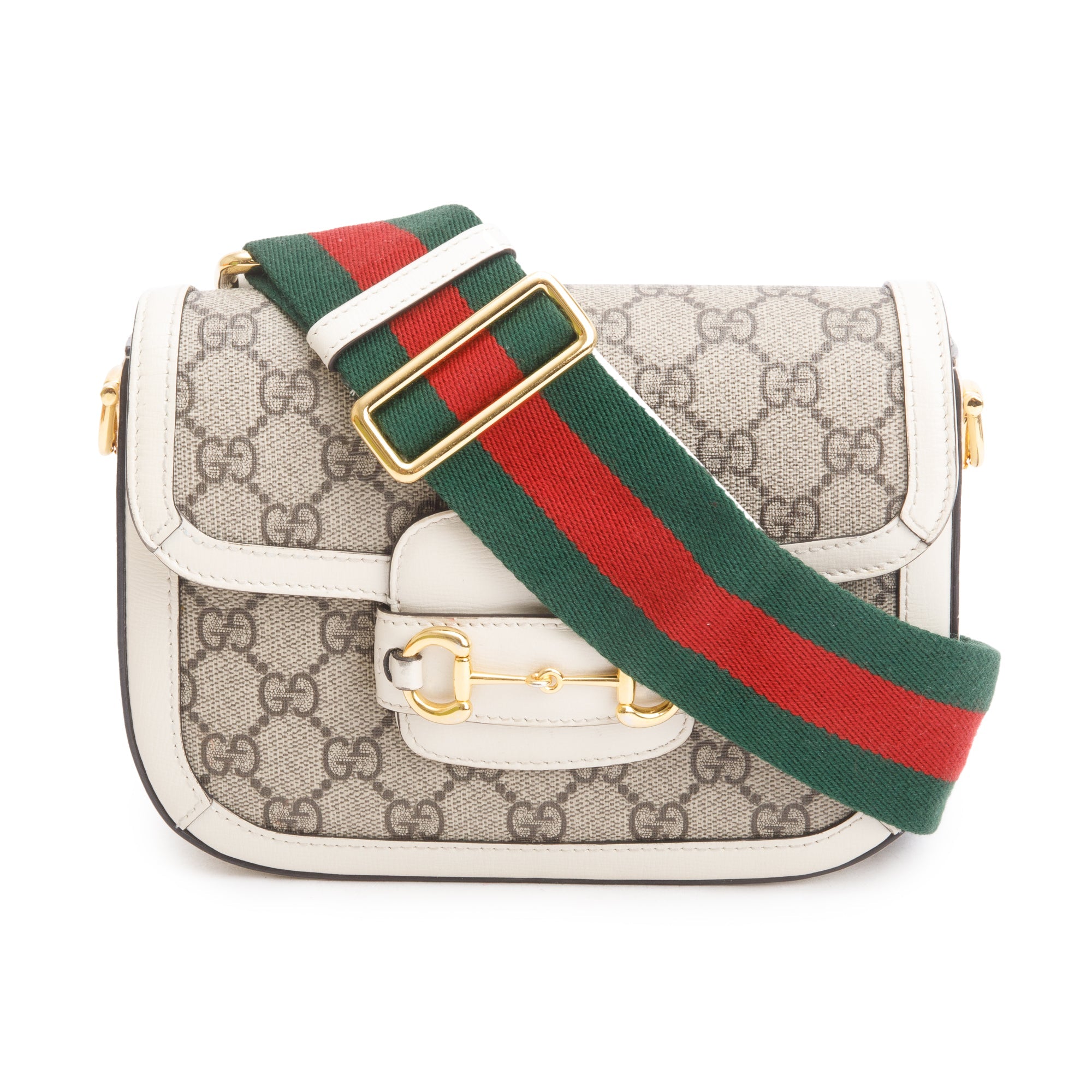 Gucci GG Supreme Canvas White Leather Trim Web Mini Horsebit 1955 Shoulder Bag w/ Box, Receipt & Straps