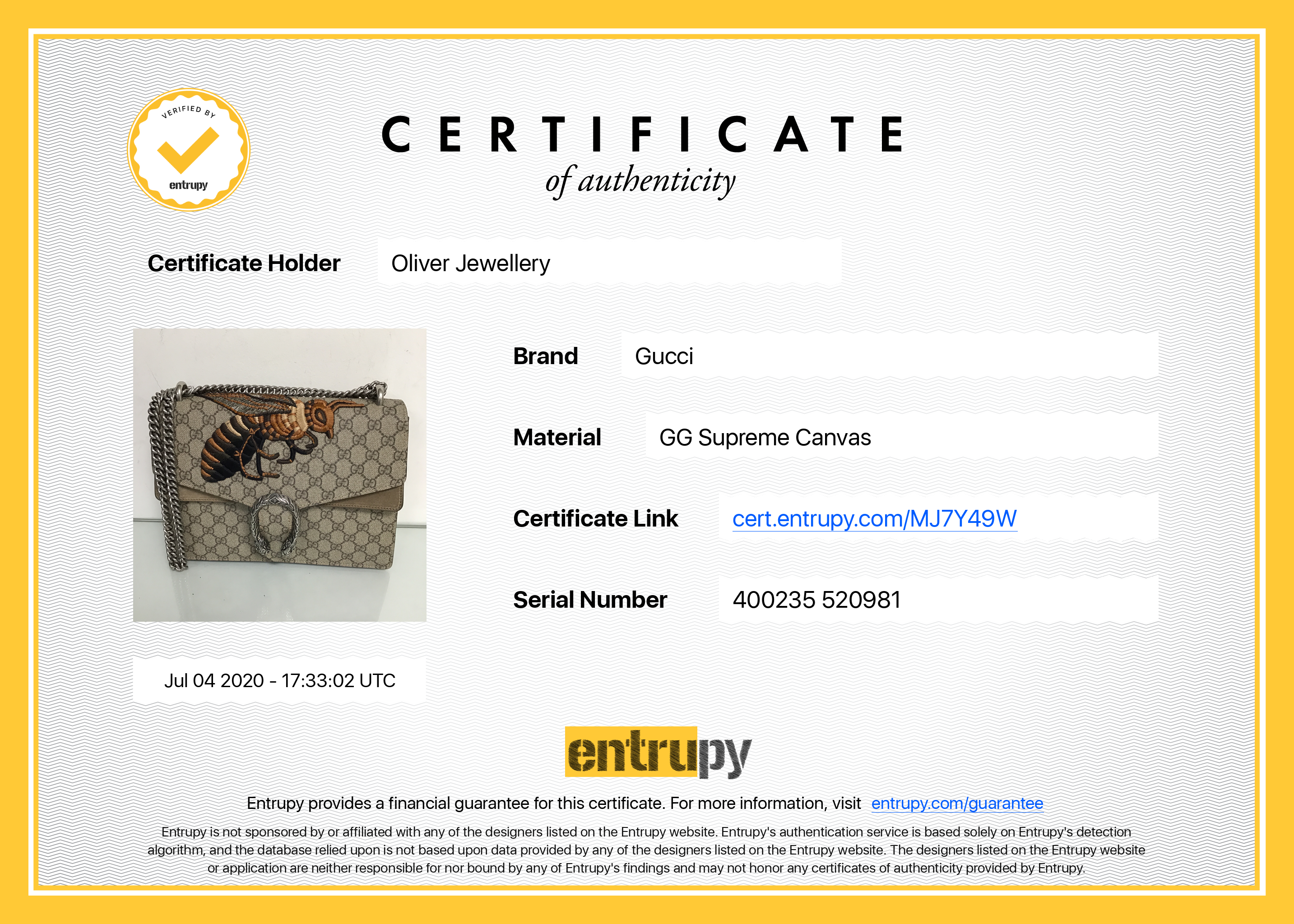 Gucci GG Supreme Medium Dionysus Bee Shoulder Bag