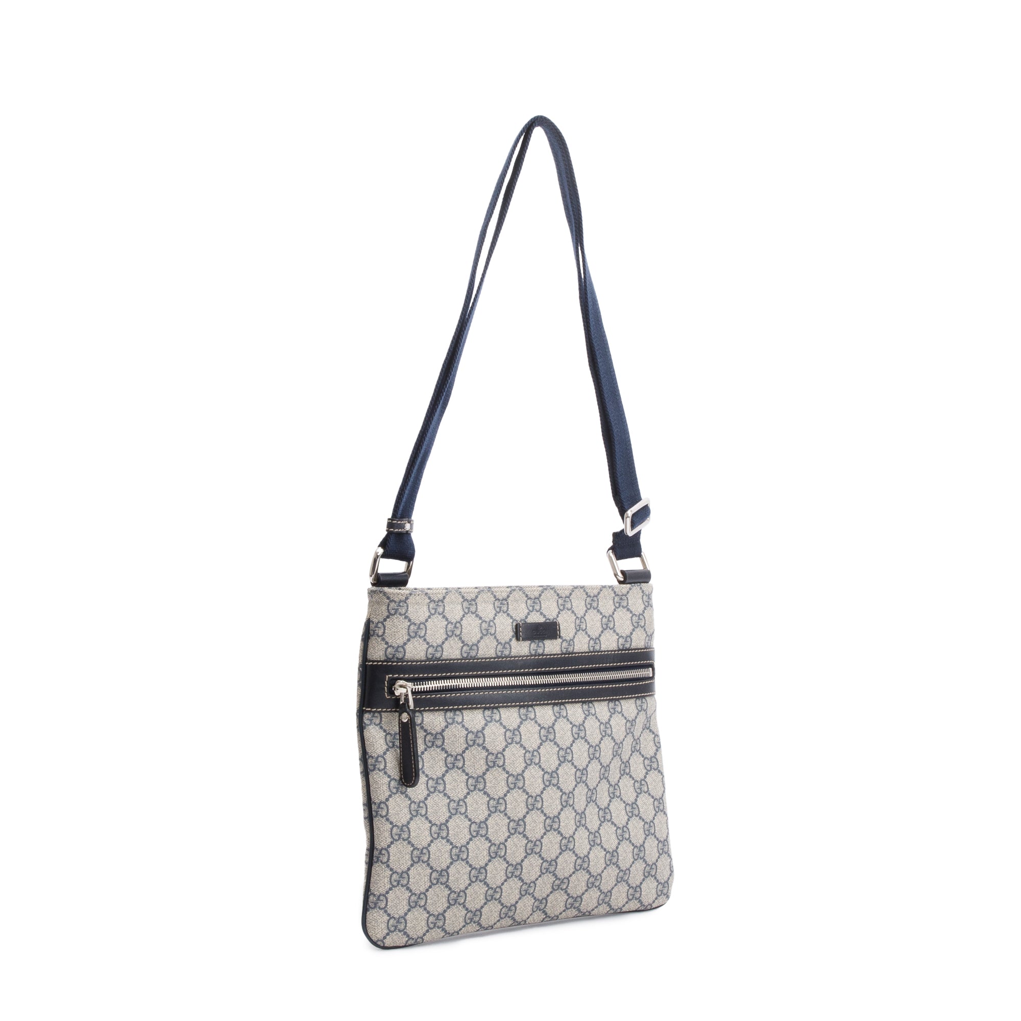 Gucci GG Supreme Navy Trim Front Zip Flat Messenger Bag