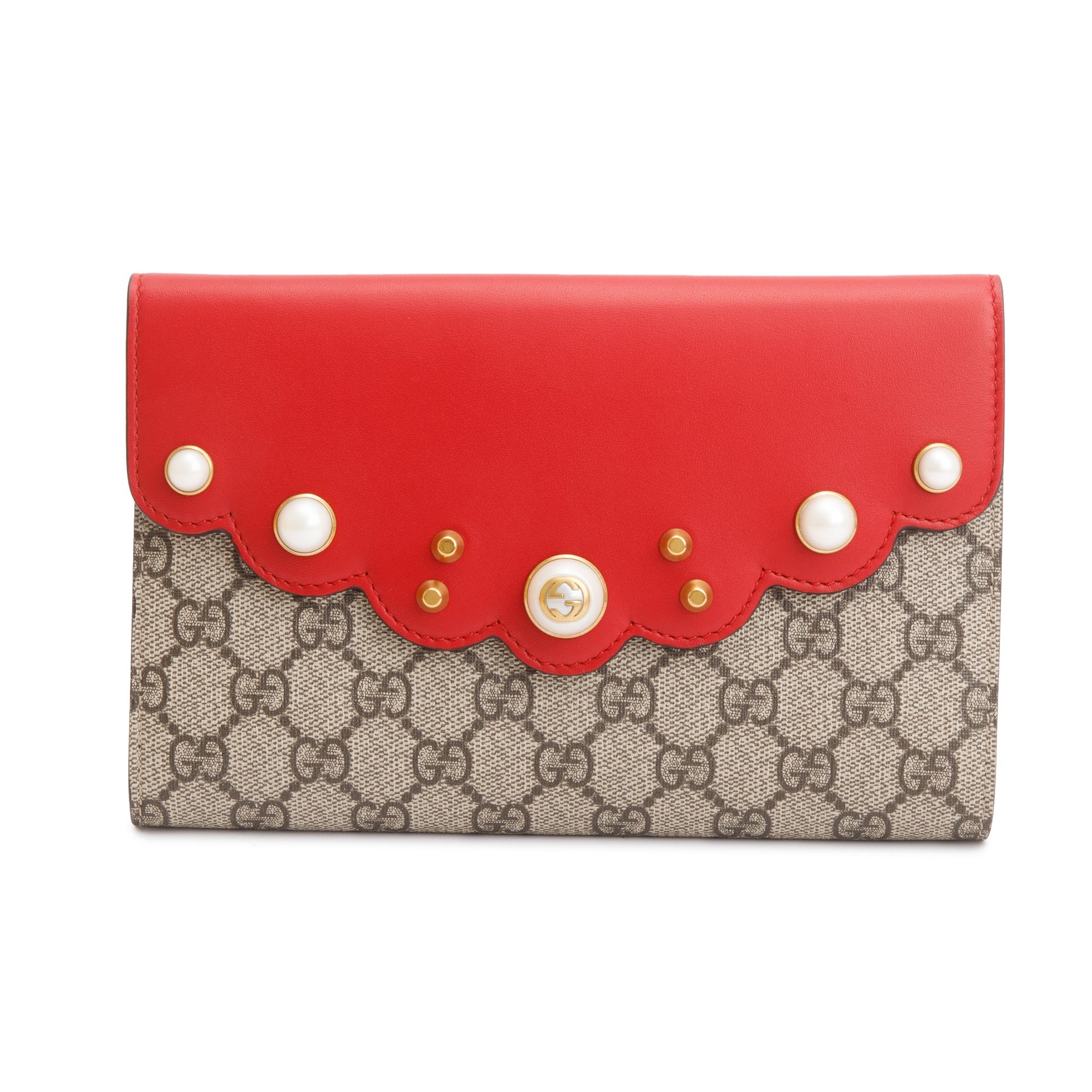 Gucci GG Supreme Red Leather Pearl Studs Peony Clutch