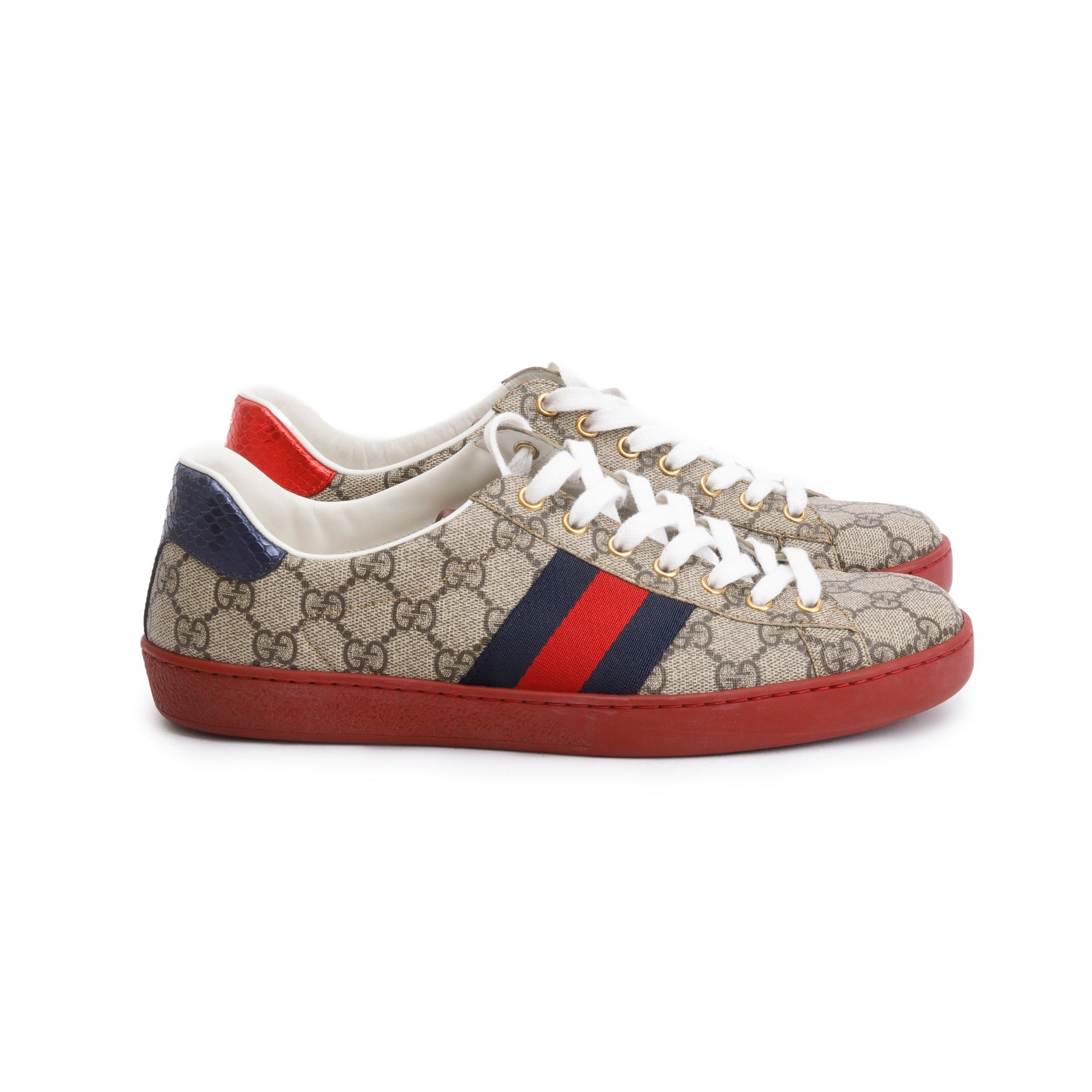 Gucci GG Supreme Red Python Trim Web Ace Sneakers, Size 8.5 w/ Box