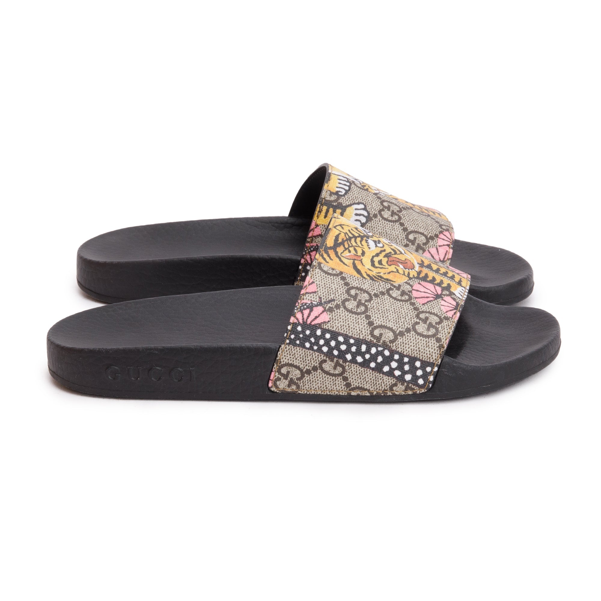 Gucci GG Supreme Tiger Canvas Black Rubber Slide Sandals, Size 35