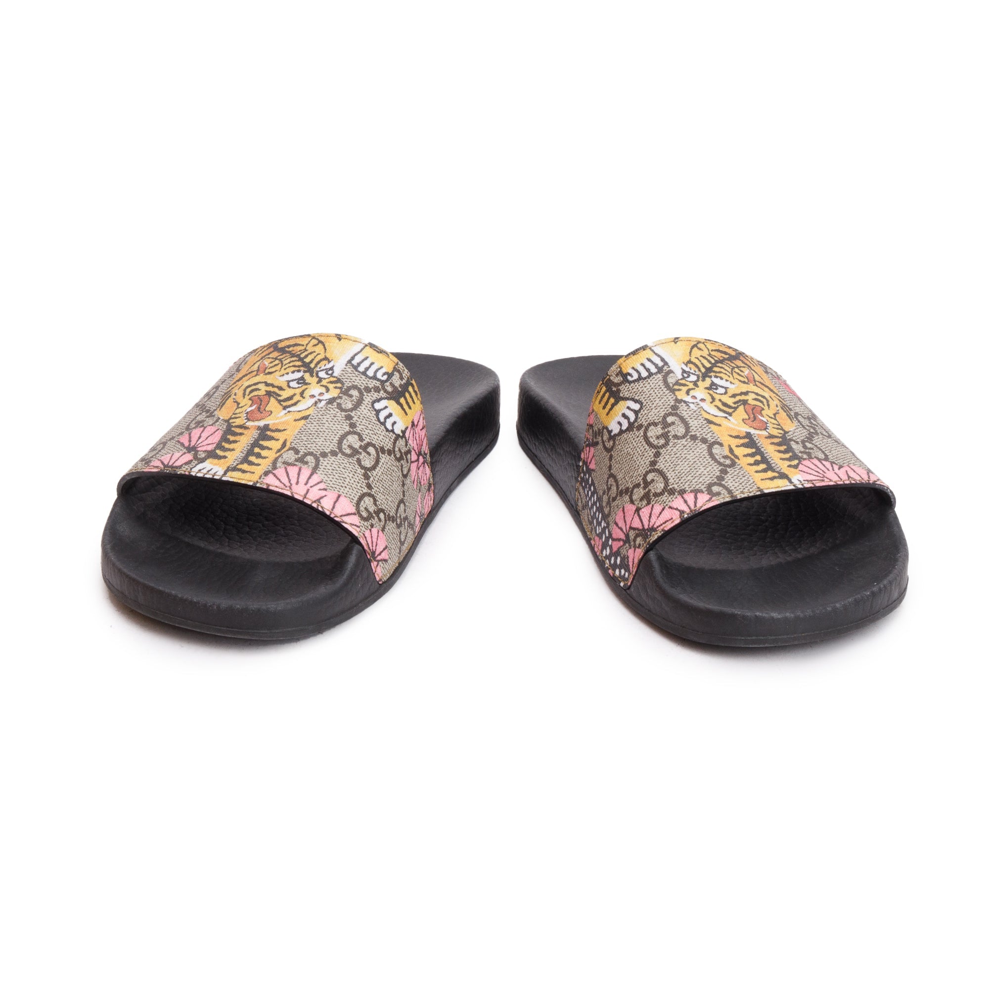 Gucci GG Supreme Tiger Canvas Black Rubber Slide Sandals, Size 35