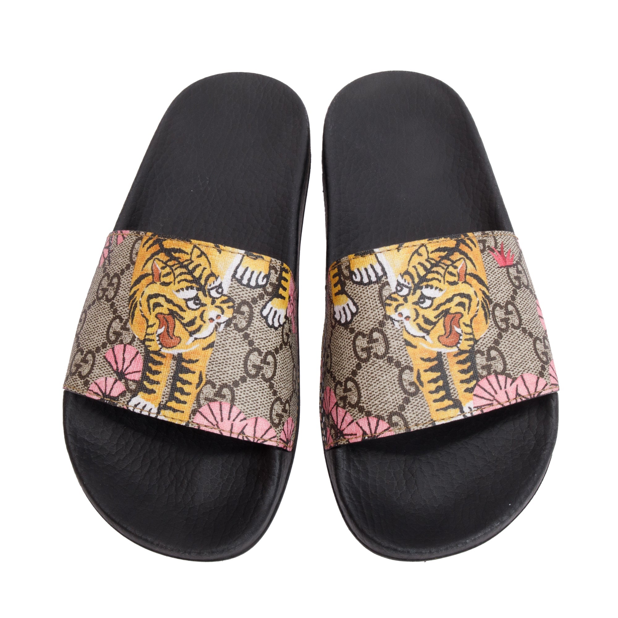 Gucci GG Supreme Tiger Canvas Black Rubber Slide Sandals, Size 35