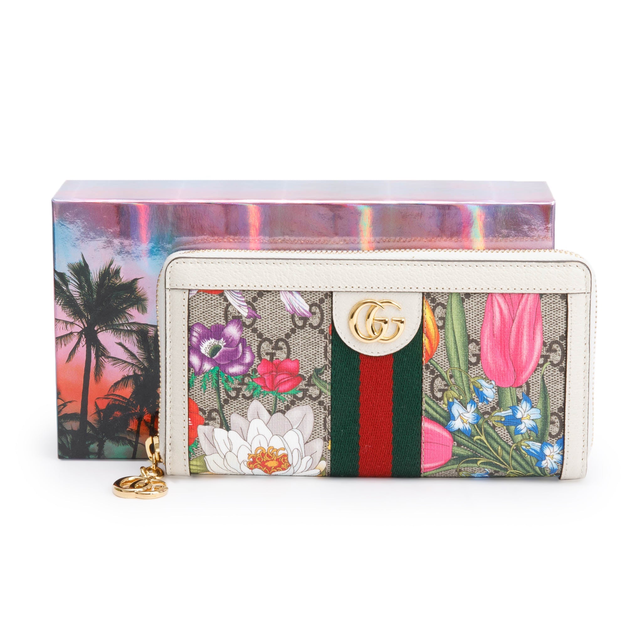 Gucci GG Supreme Web Blooms Ophidia GG Zip Around wallet w/ Box