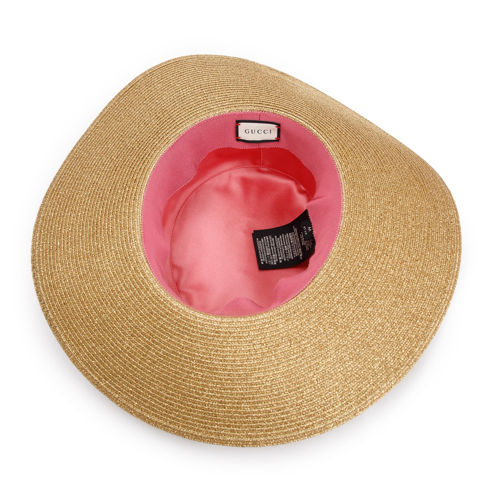 Gucci Gold & Black Lame Woven Paper Hat with Black Grosgrain Ribbon, Size M 57 w/ Box