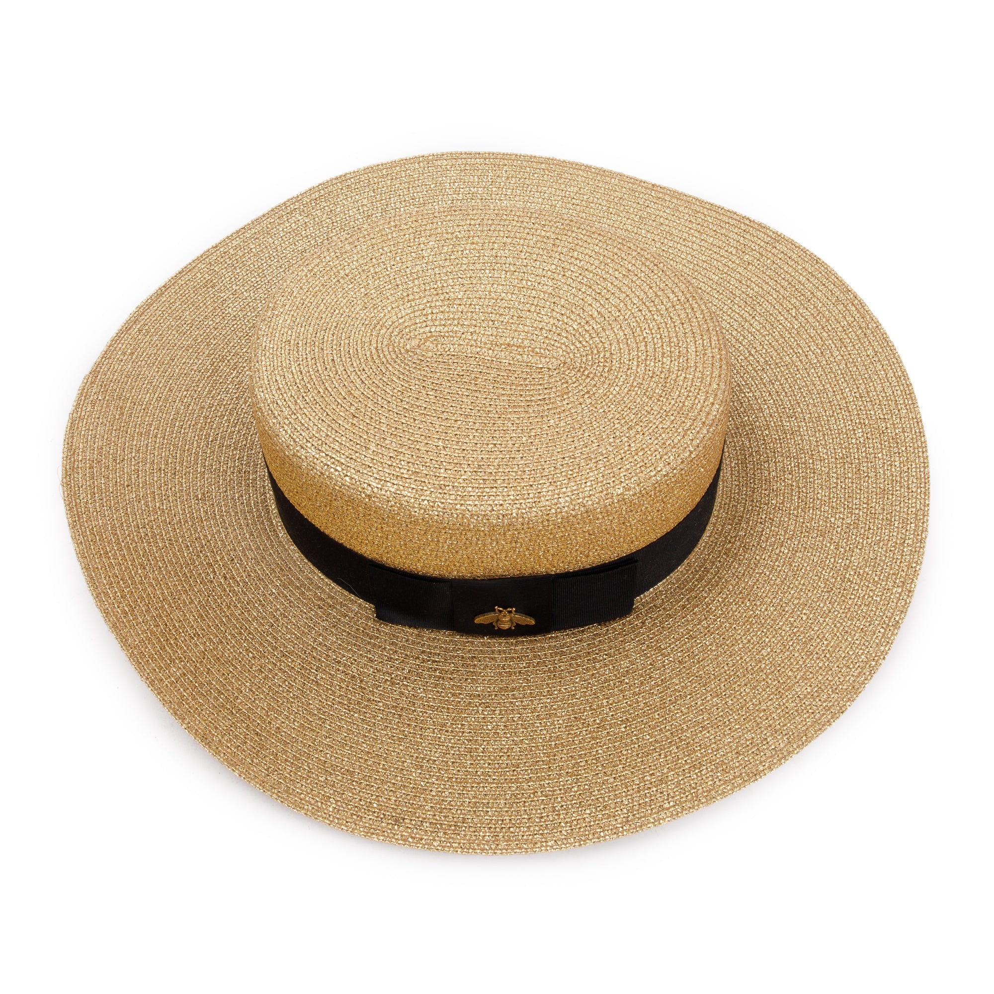 Gucci Gold & Black Lame Woven Paper Hat with Black Grosgrain Ribbon, Size M 57 w/ Box